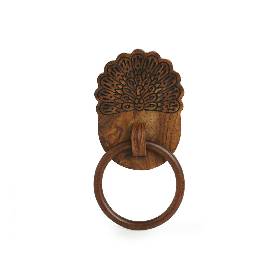 EXCLUSIVELANE 'The Dancing Peacock' Hand Carved Sheesham Wood Towel Ring Holder - view 2