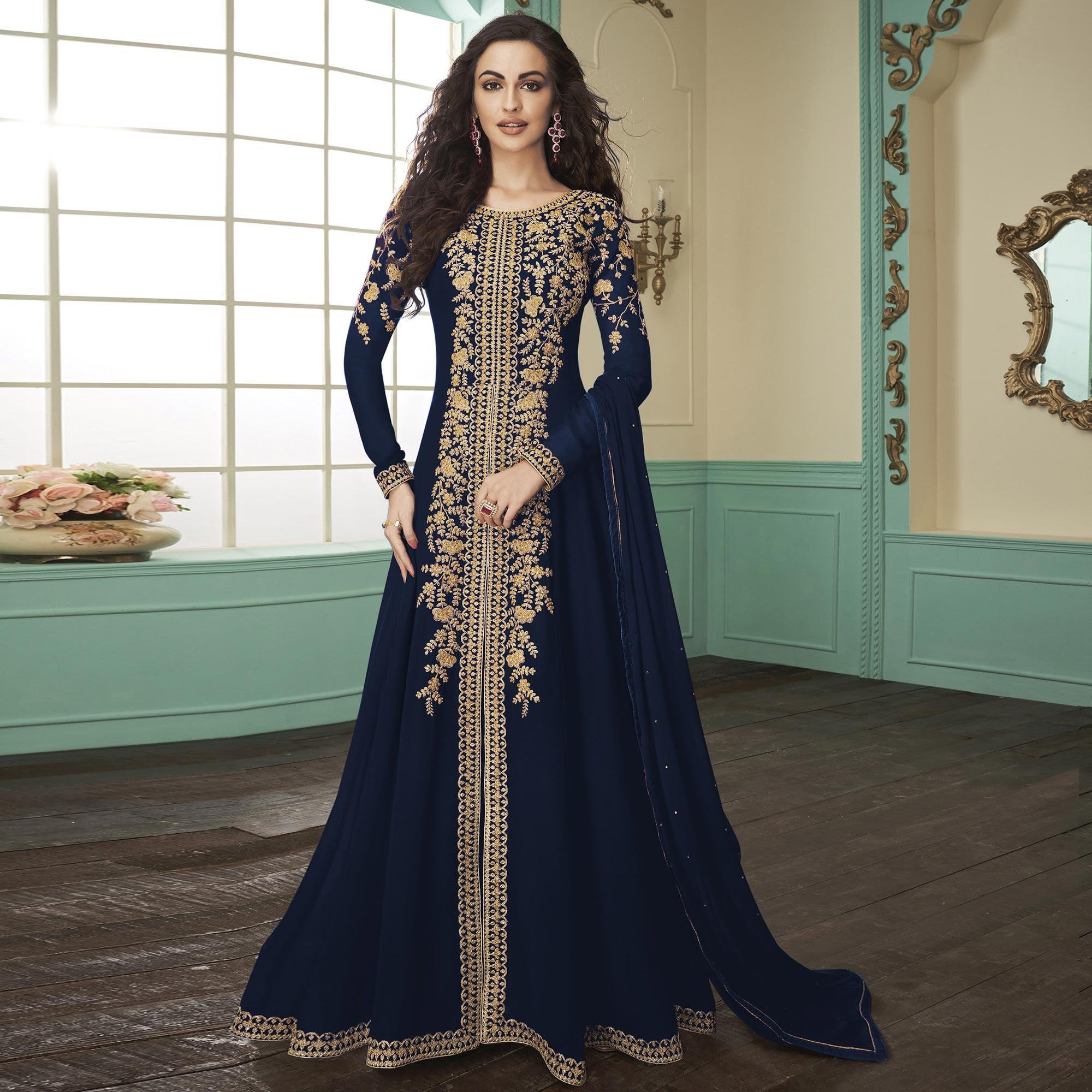 Peachmode Majesty Navy Blue Colored Partywear Embroidered Georgette Anarkali Suit