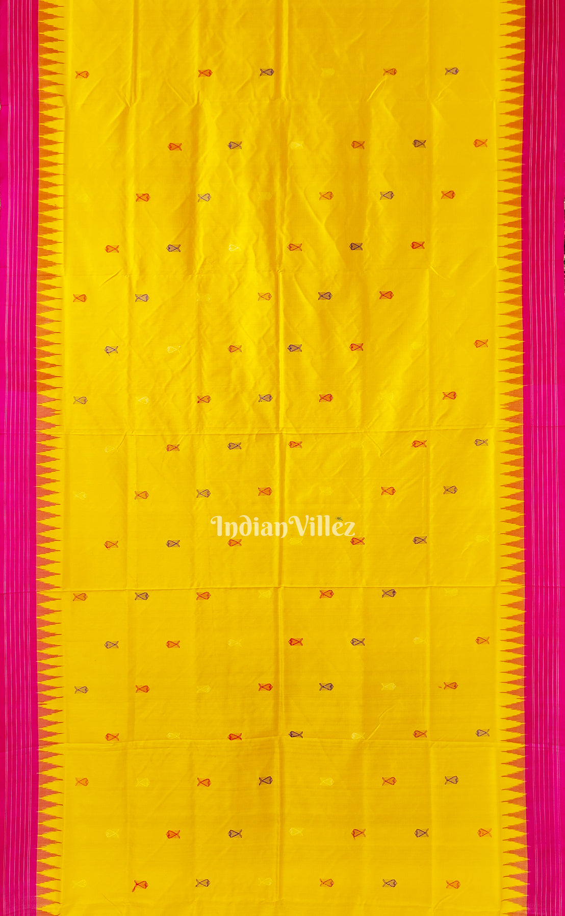 IndianVillèz Yellow Fish Motif Berhampuri Silk Patta Saree with Double Pallu - view 4