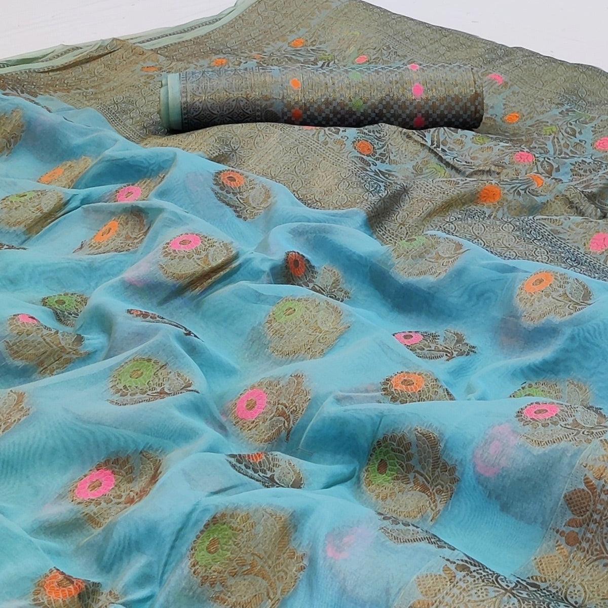 Peachmode Blue Woven Organza Saree – Women's - view 2