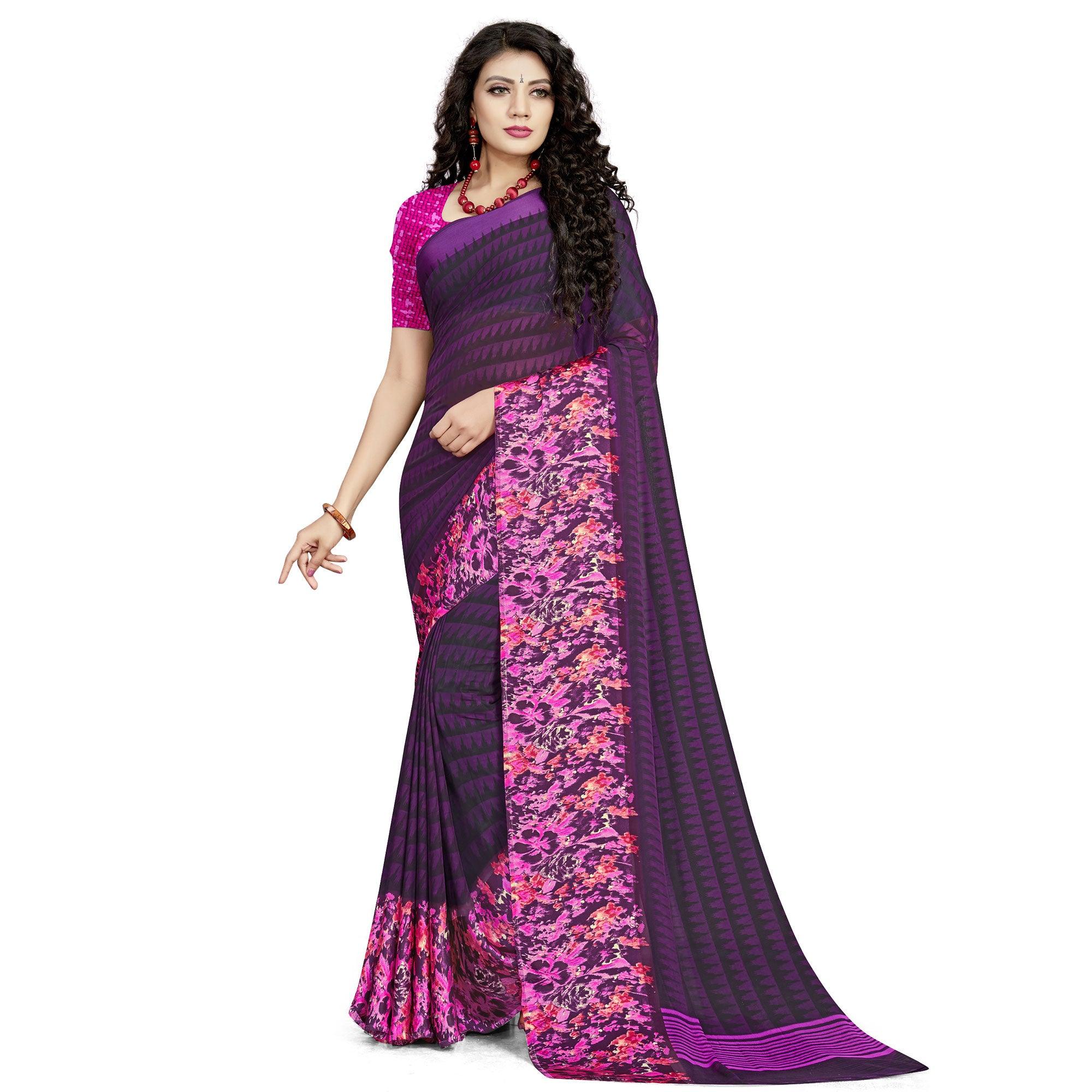 Peachmode Desirable Dark Purple Colored Casual Wear Printed Georgette Saree