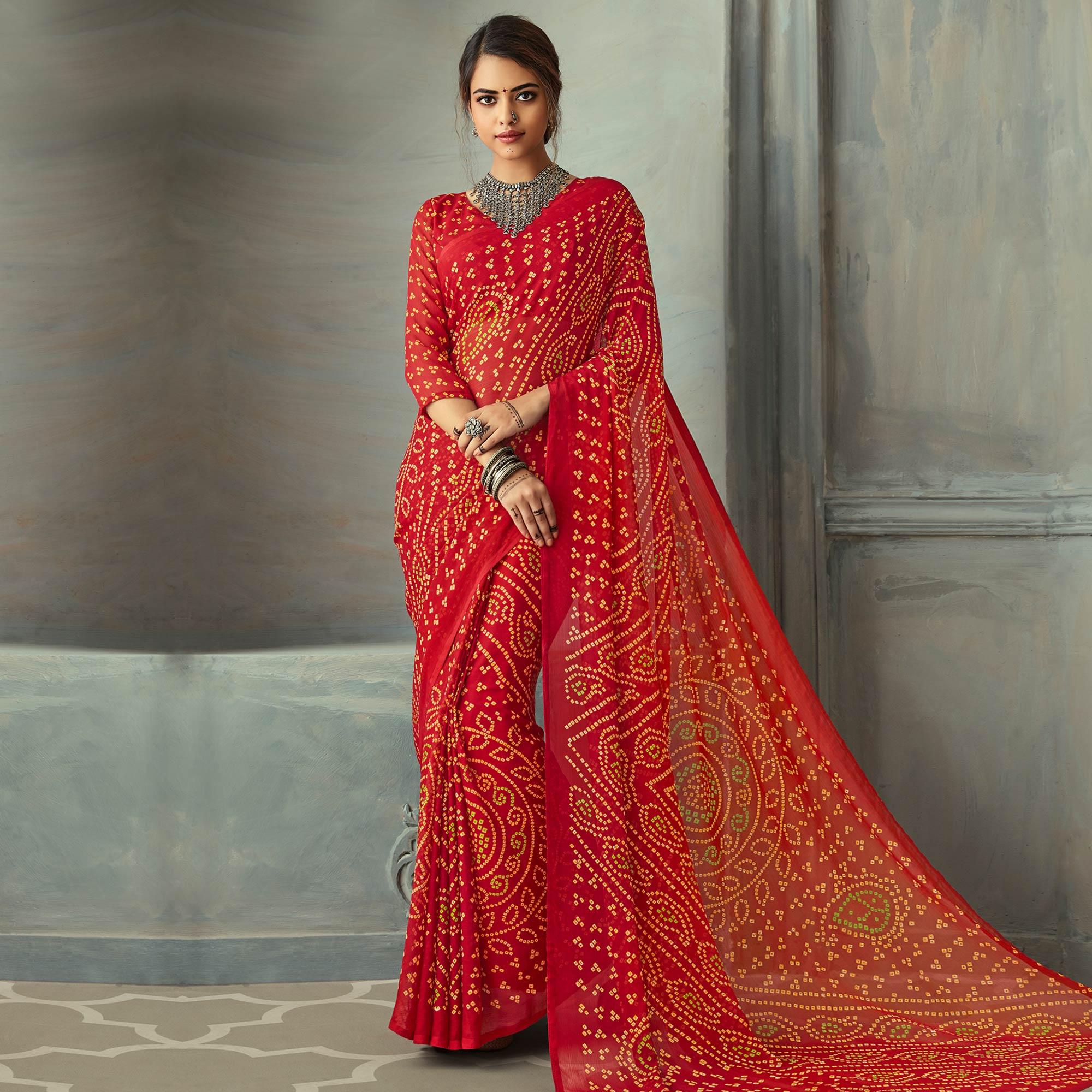 Peachmode Intricate Red Colored Casual Wear Bandhani Printed Chiffon Saree