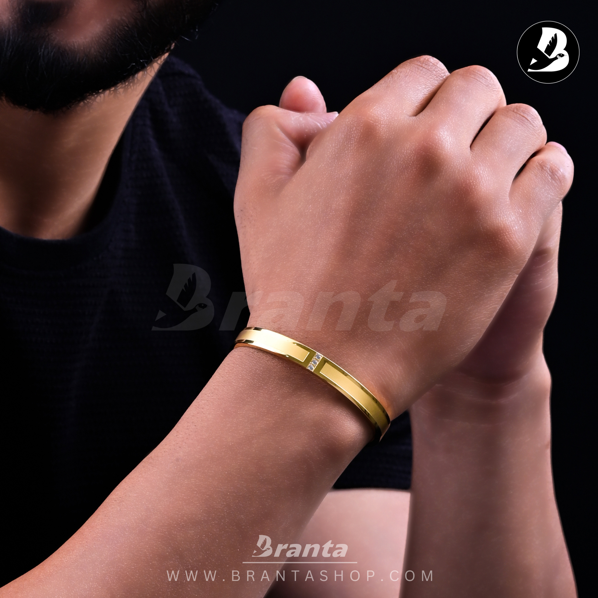 Branta Matte and Shiny Finish with Three Diamond Gold Bracelet for Men - view 3