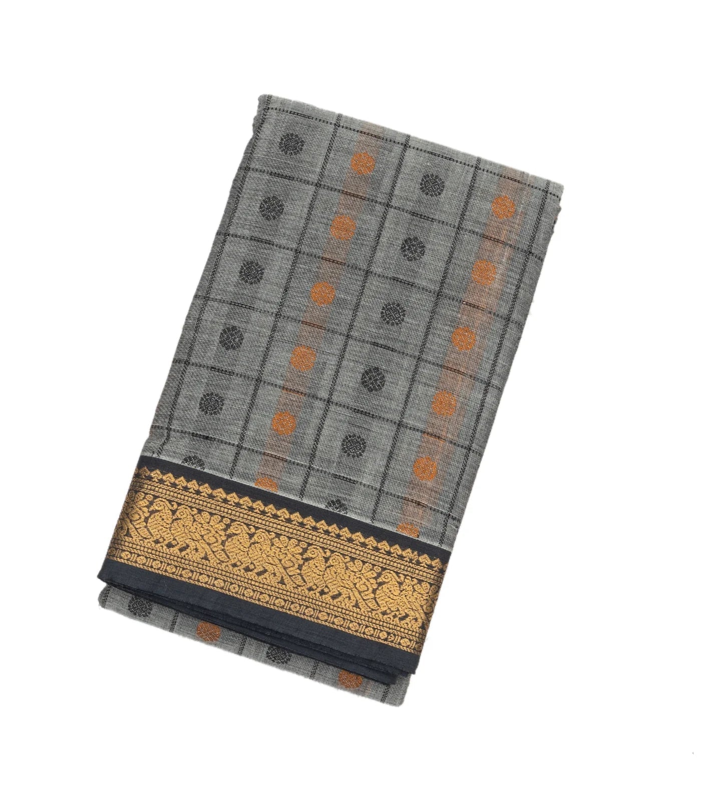 RmKV Grey Handloom Kanchi Cotton Saree With Checks & Chakaram Motifs.