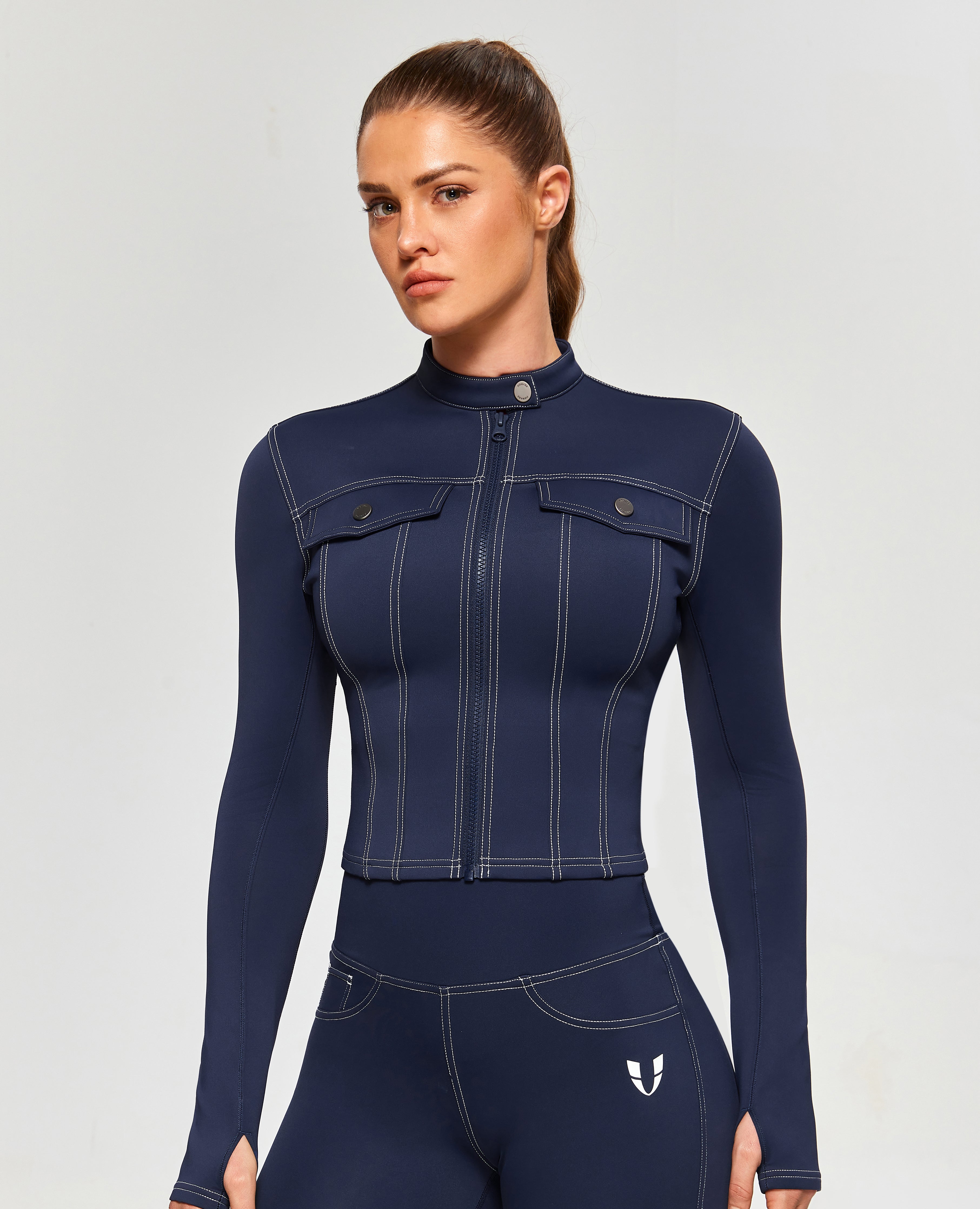 FIRM ABS Contrast Stitching Moto Jacket - Navy Blue