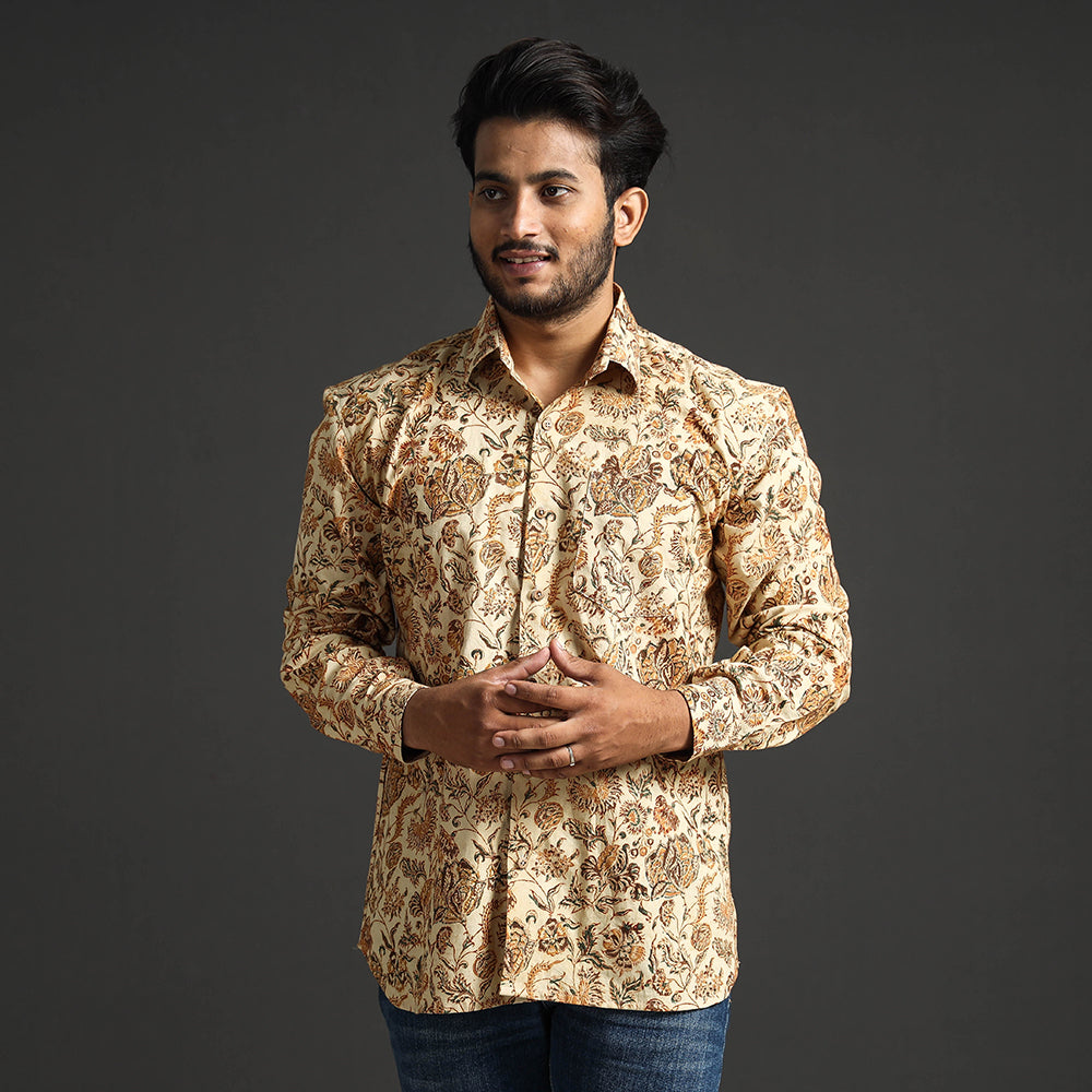 ITOKRI CASUALS Beige - Premium Pedana Kalamkari Block Printed Cotton Men Full Sleeve Shirt