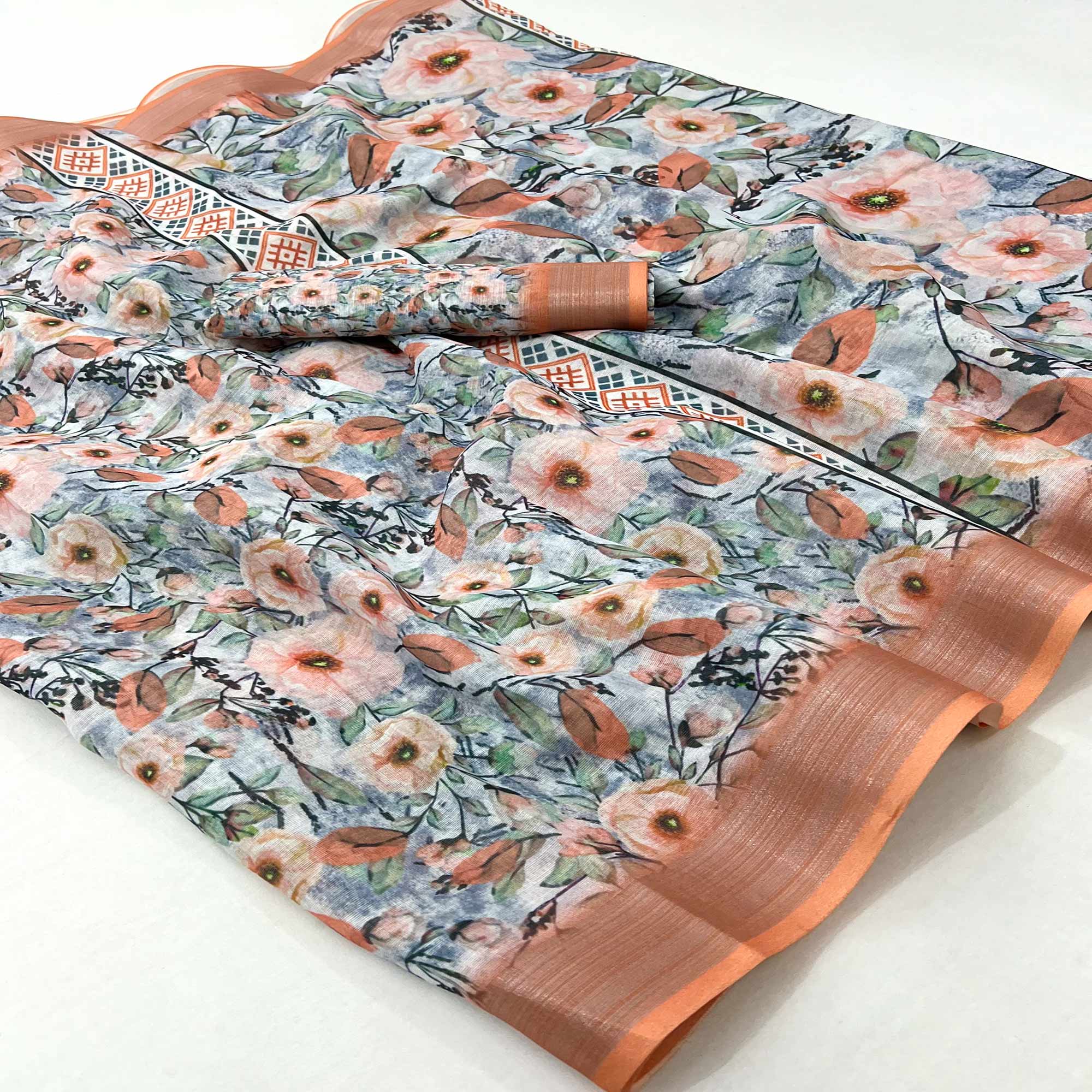 Peachmode Light Orange Floral Digital Printed Linen Saree