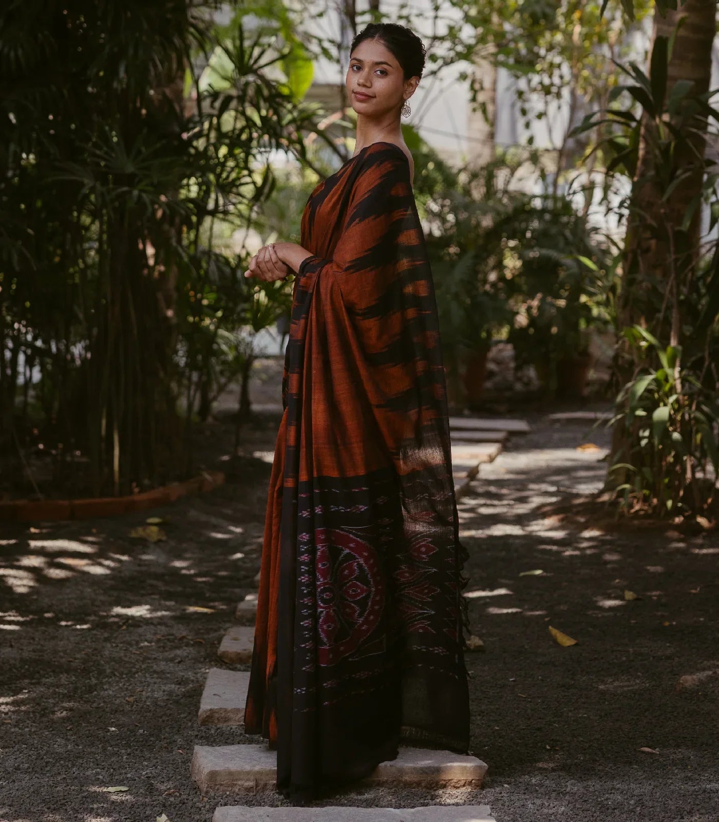 RmKV Rust Handloom Orissa Cotton Saree With Black Temple border