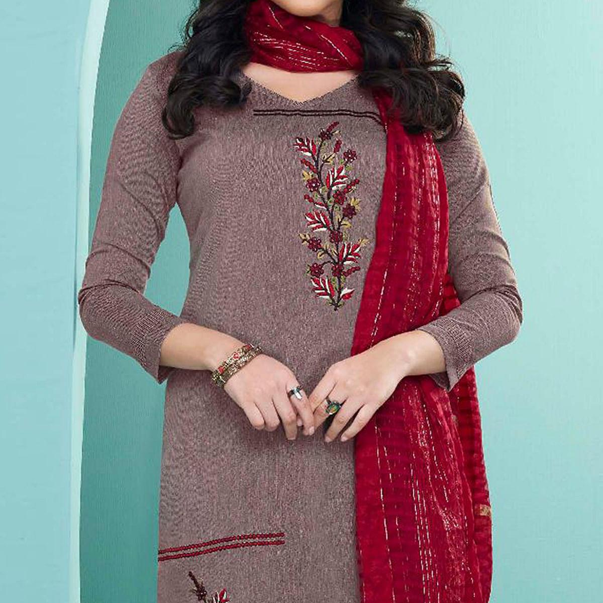 Peachmode Seller Mauve Embroidered Cotton Kurti Pant Set With Dupatta - view 3