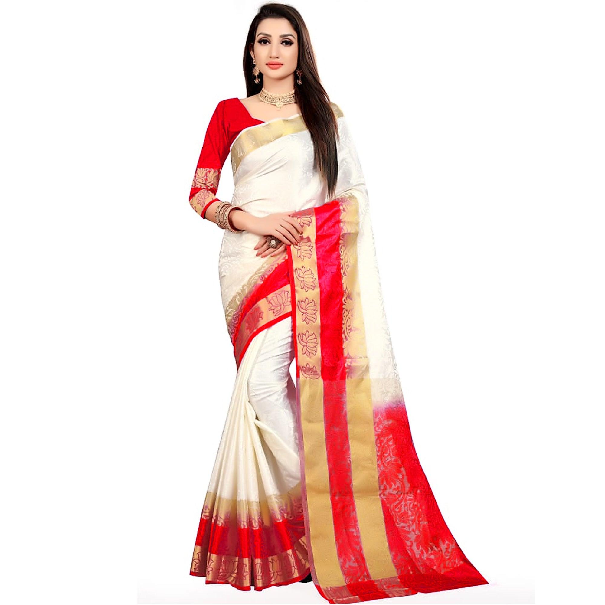 Peachmode Classy White-Red Colored Festive Wear Woven Nylon Saree