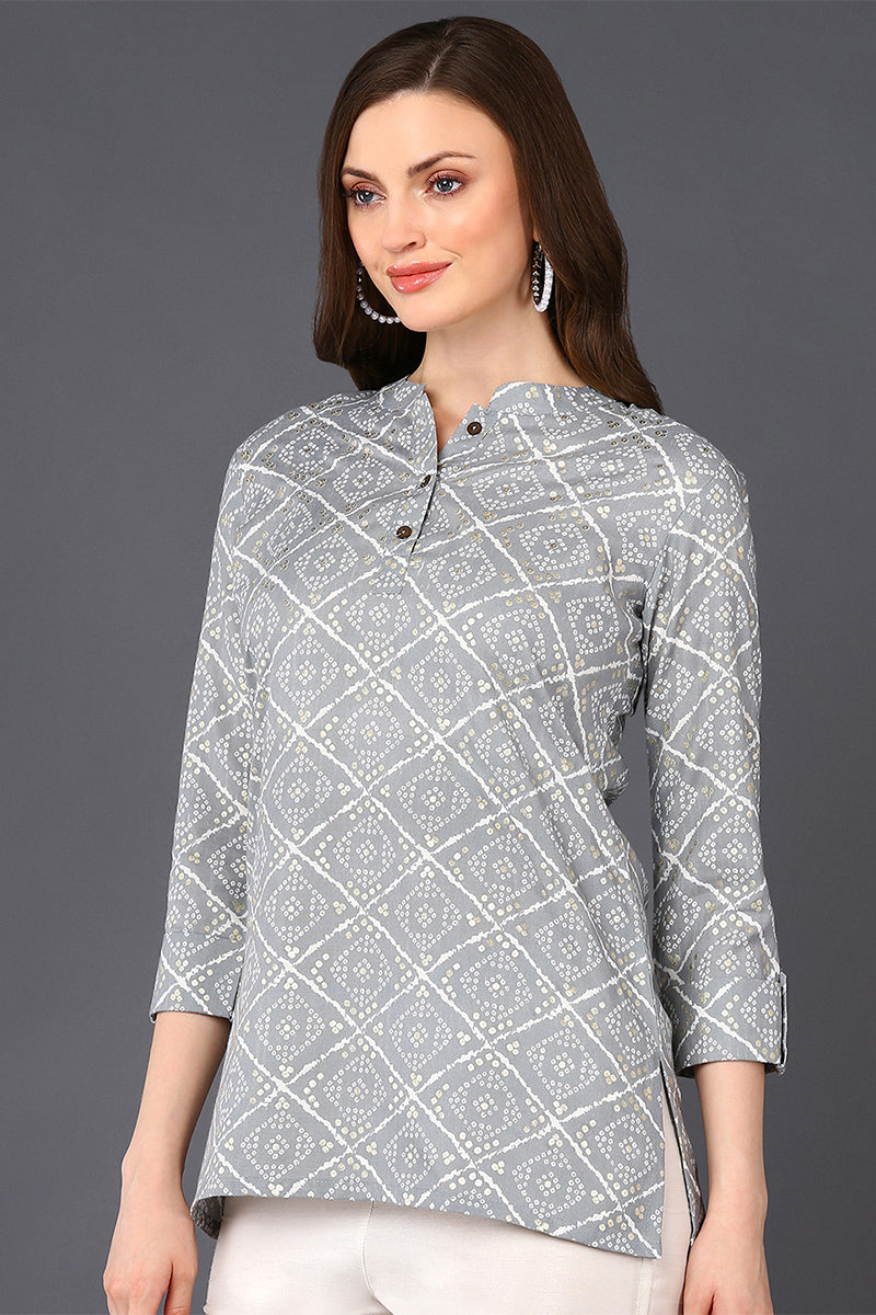 Ahika Grey Cotton Blend Bandhani Printed Straight Tunic VT1234 - view 4