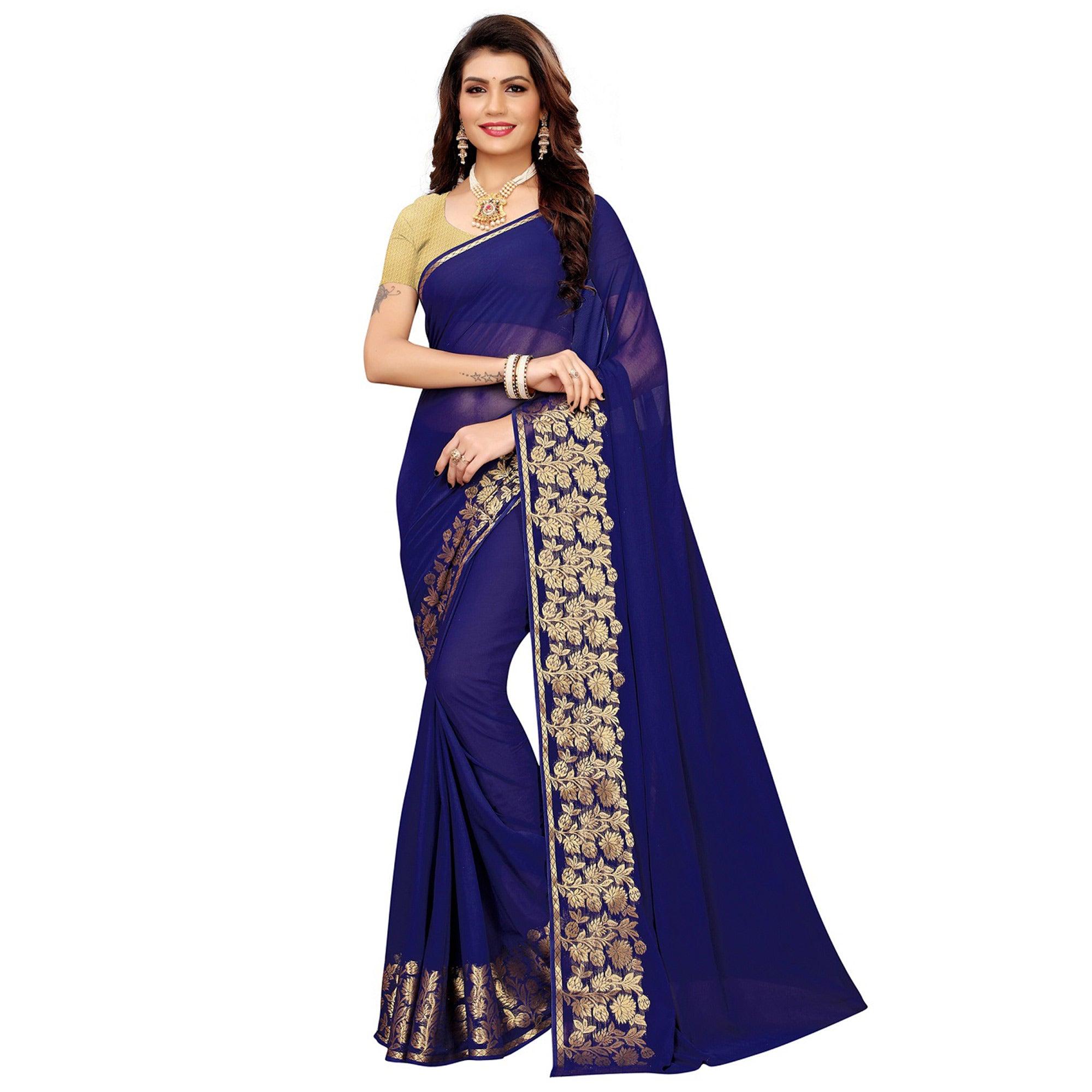 Peachmode Jazzy Navy Blue Colored Casual Woven Georgette Saree
