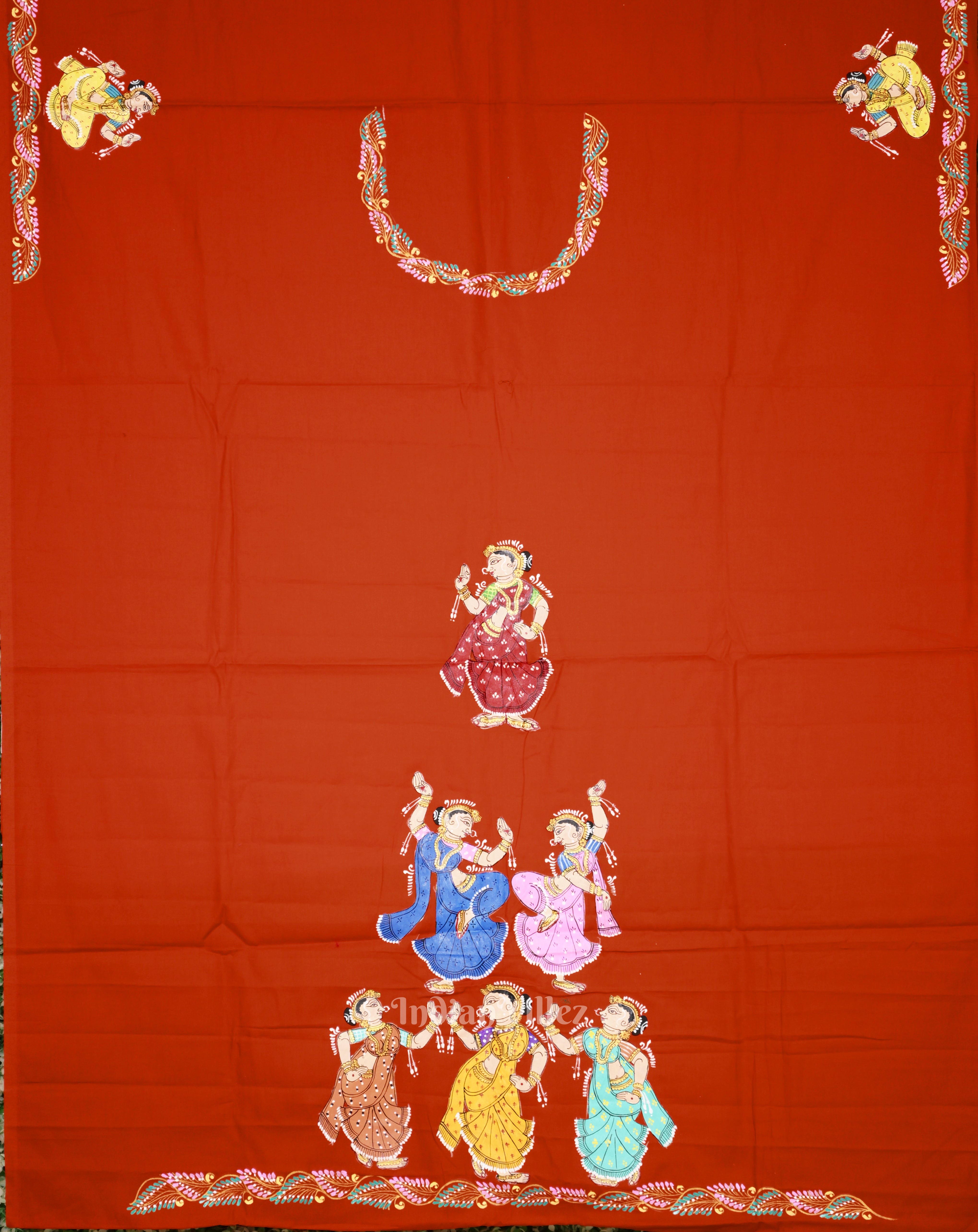 IndianVillèz Orange Nartaki Hand-Painted Pattachitra Dress Material