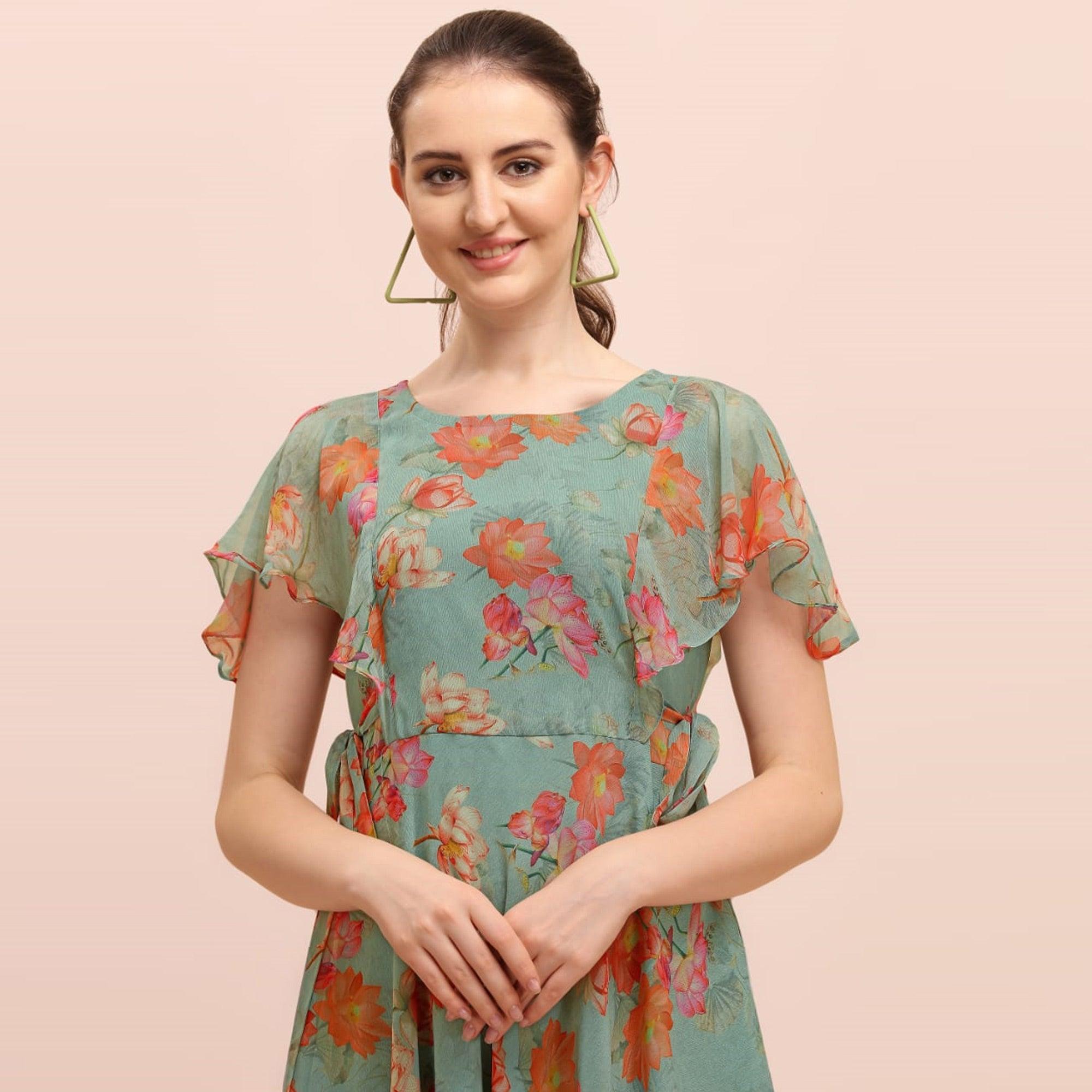 BlackTree green-casual-wear-floral-printed-a-line-chiffon-dress - view 2