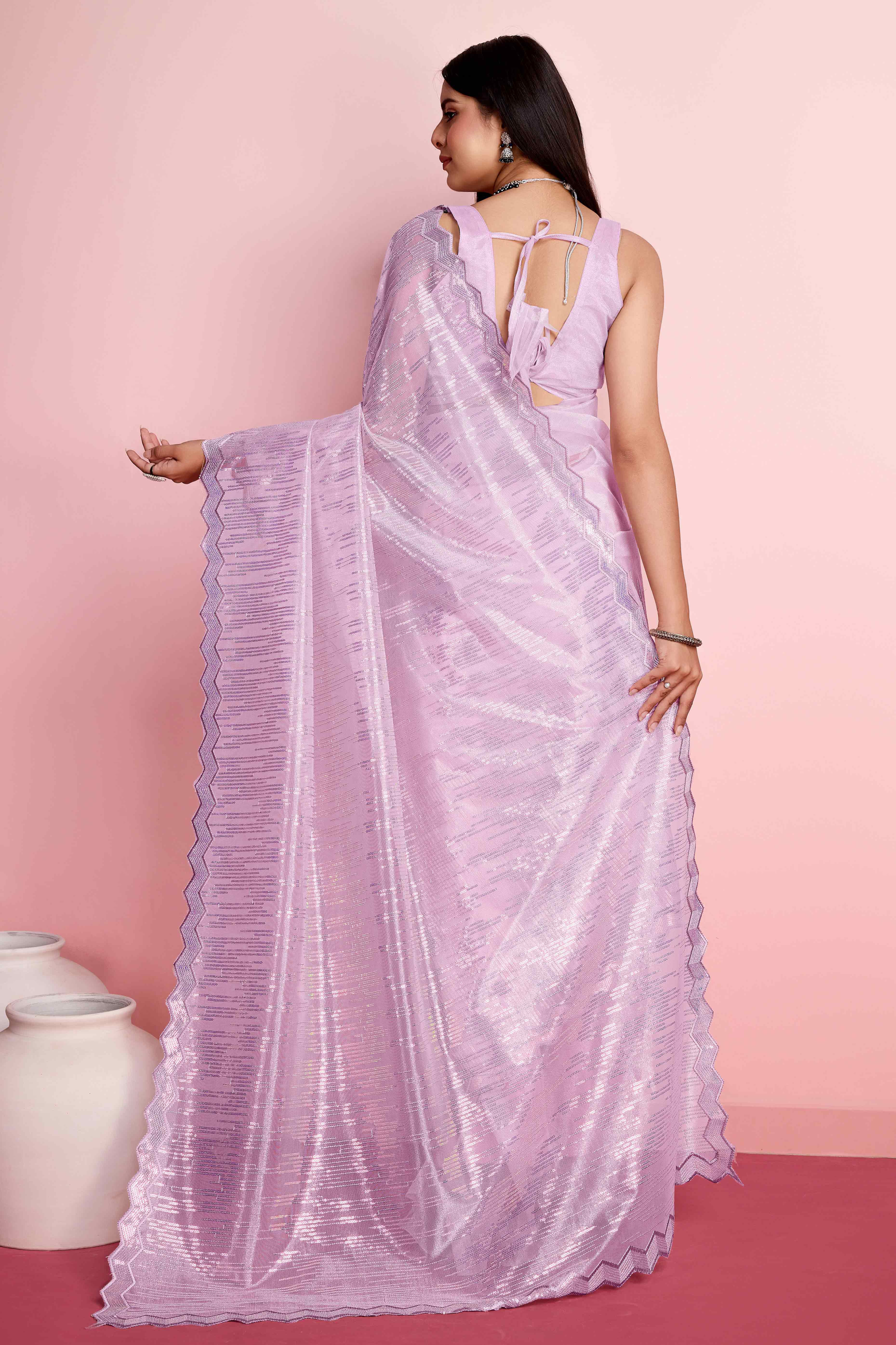 Peachmode Lavender Sequins Embroidered Silver Twill Net Saree - view 5