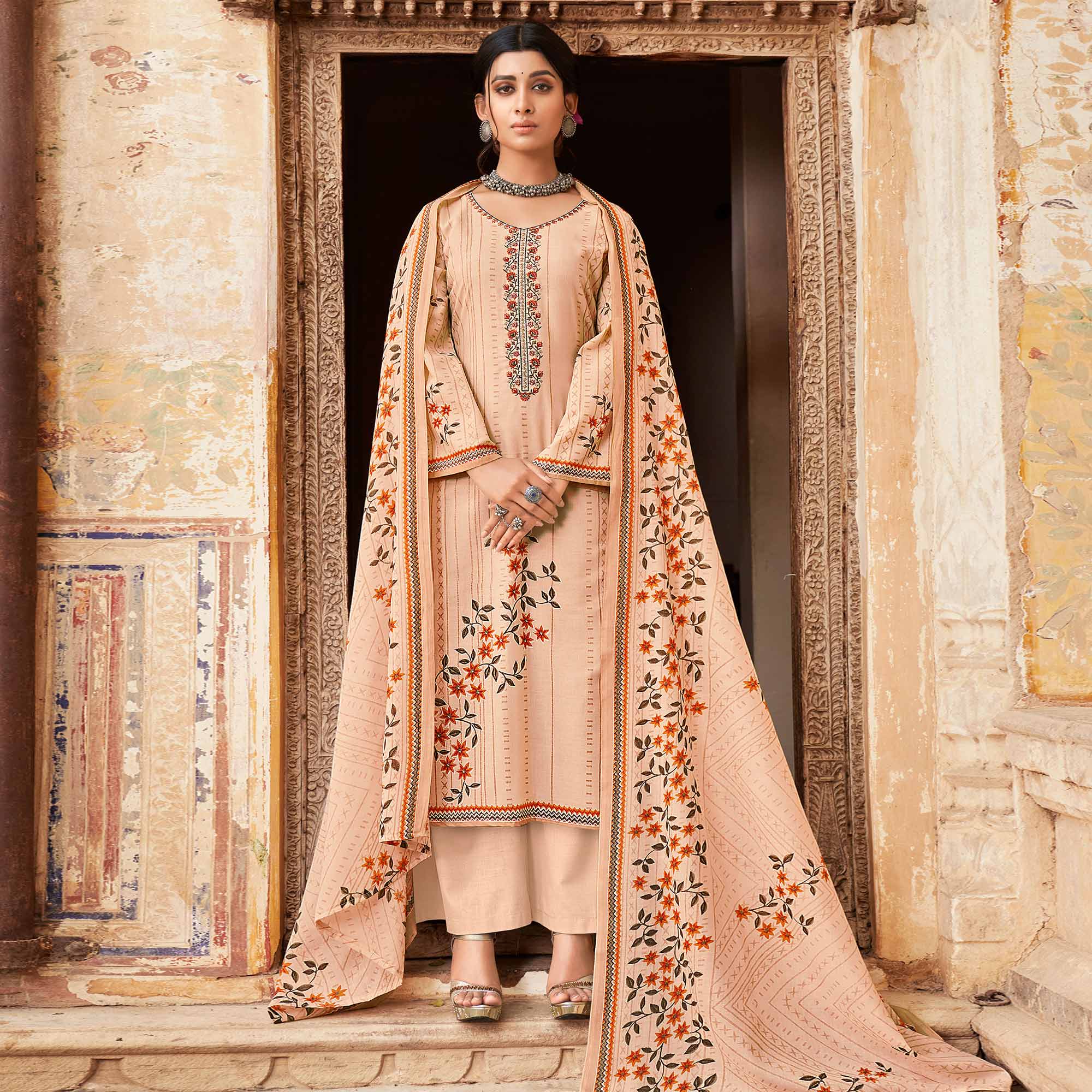 Peachmode Chikoo Floral Printed With Embroidered Pure Cotton Palazzo Suit