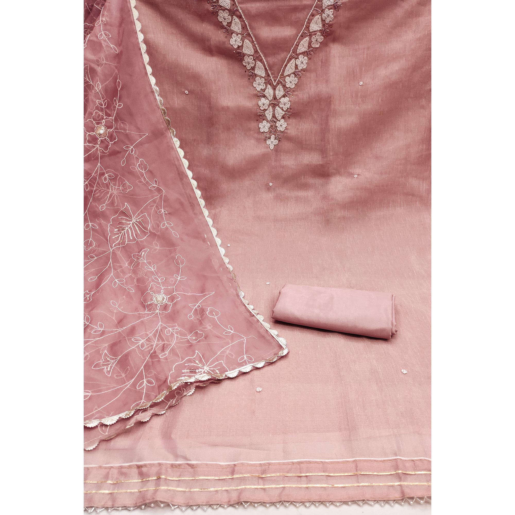 Peachmode Mauve Embroidered Moti Work Pure Cotton Dress Material - view 3