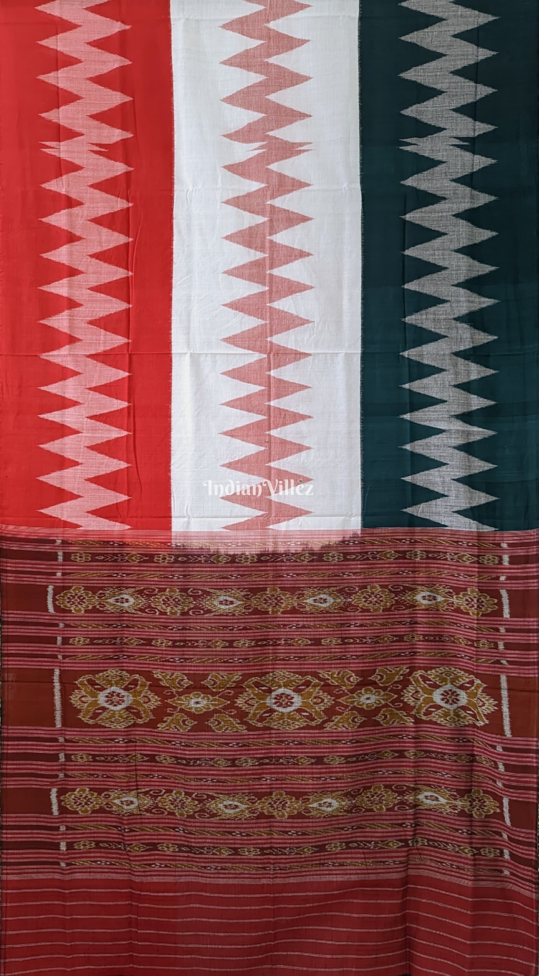 IndianVillèz Red White Green Maniabandha Odisha Ikat Cotton Saree