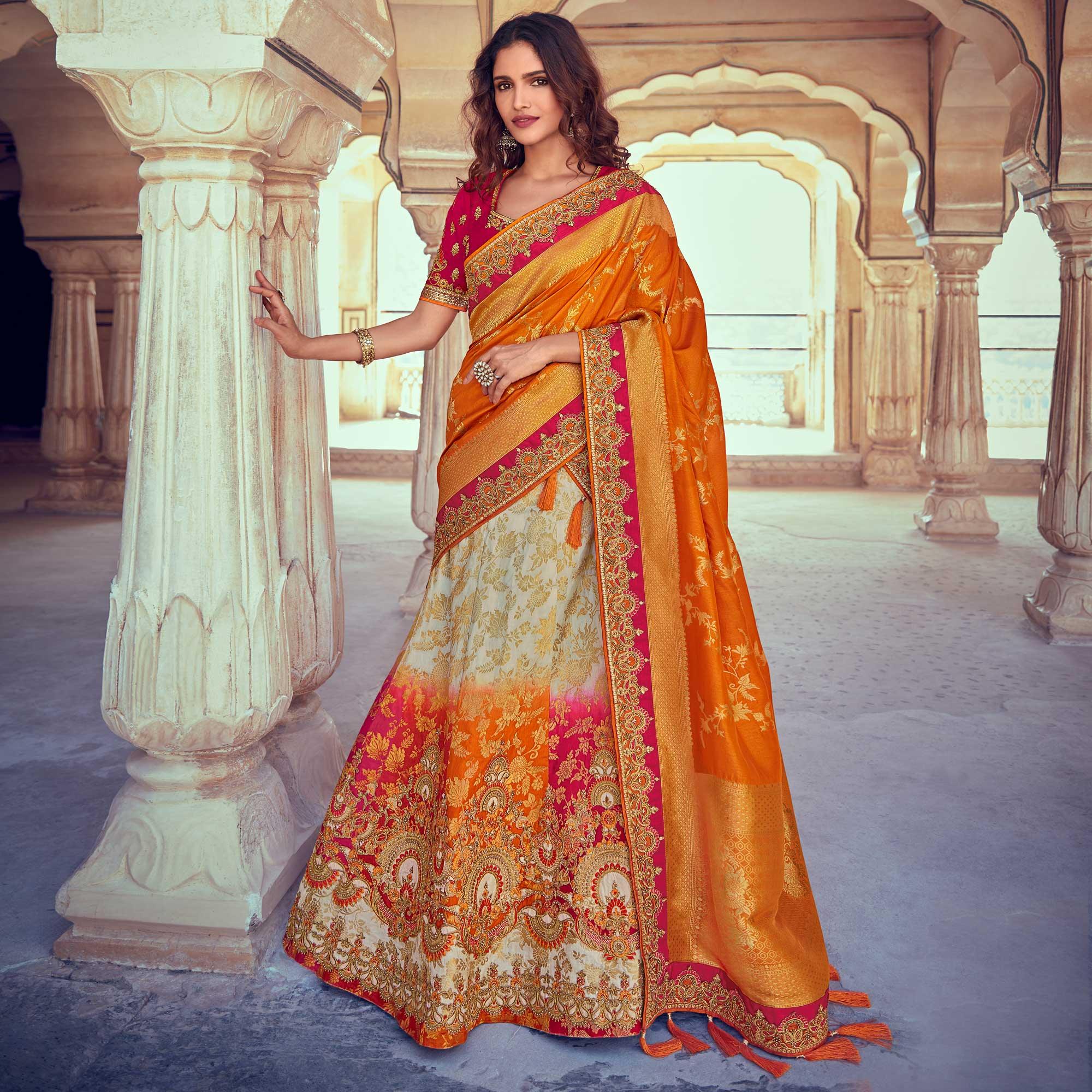 Peachmode Chiku & Orange Wedding Wear Woven & Embroidered Silk Lehenga Choli