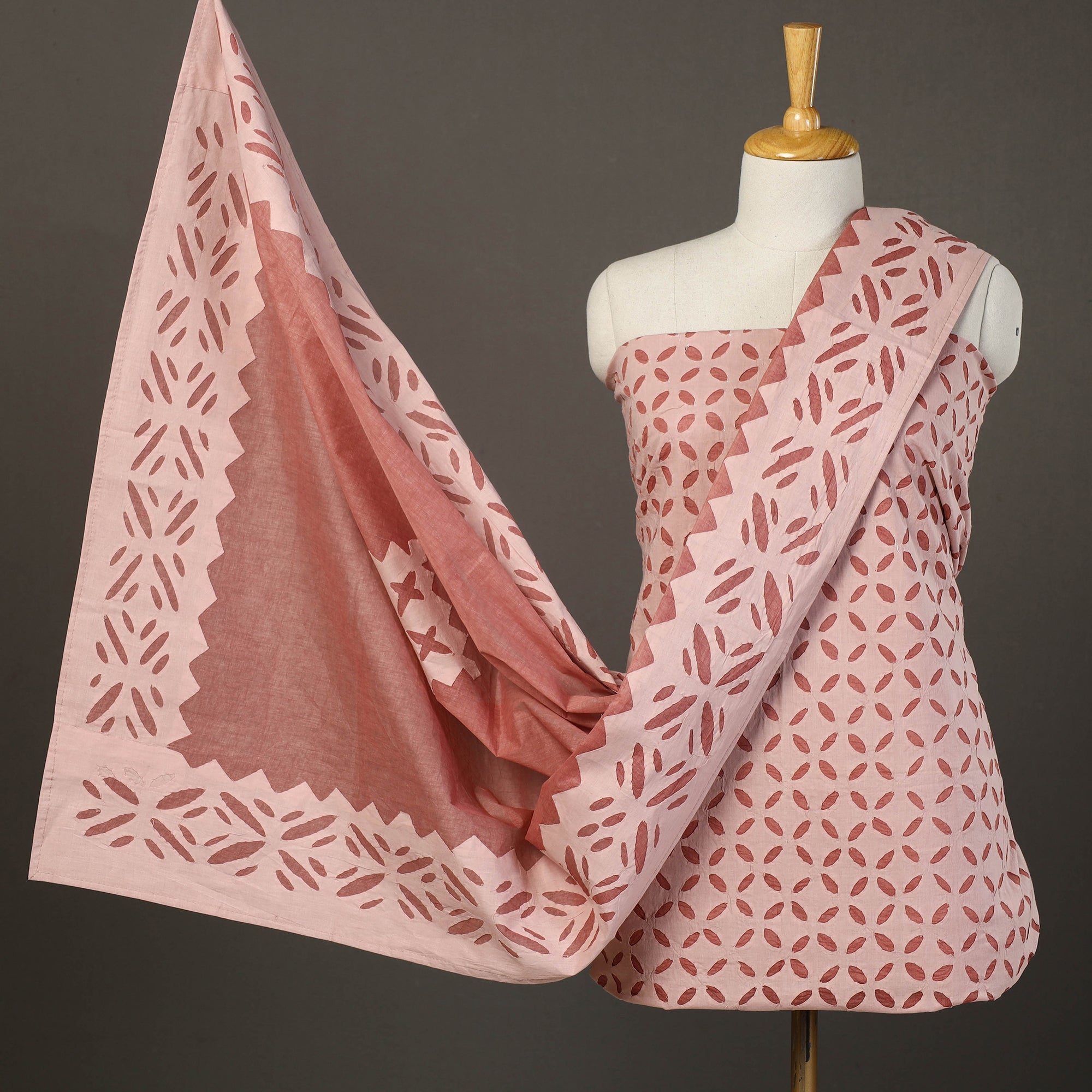 SHADES OF MARUDHARA Peach - 3pc Cut Work Cotton Barmer Applique Dress Material 09