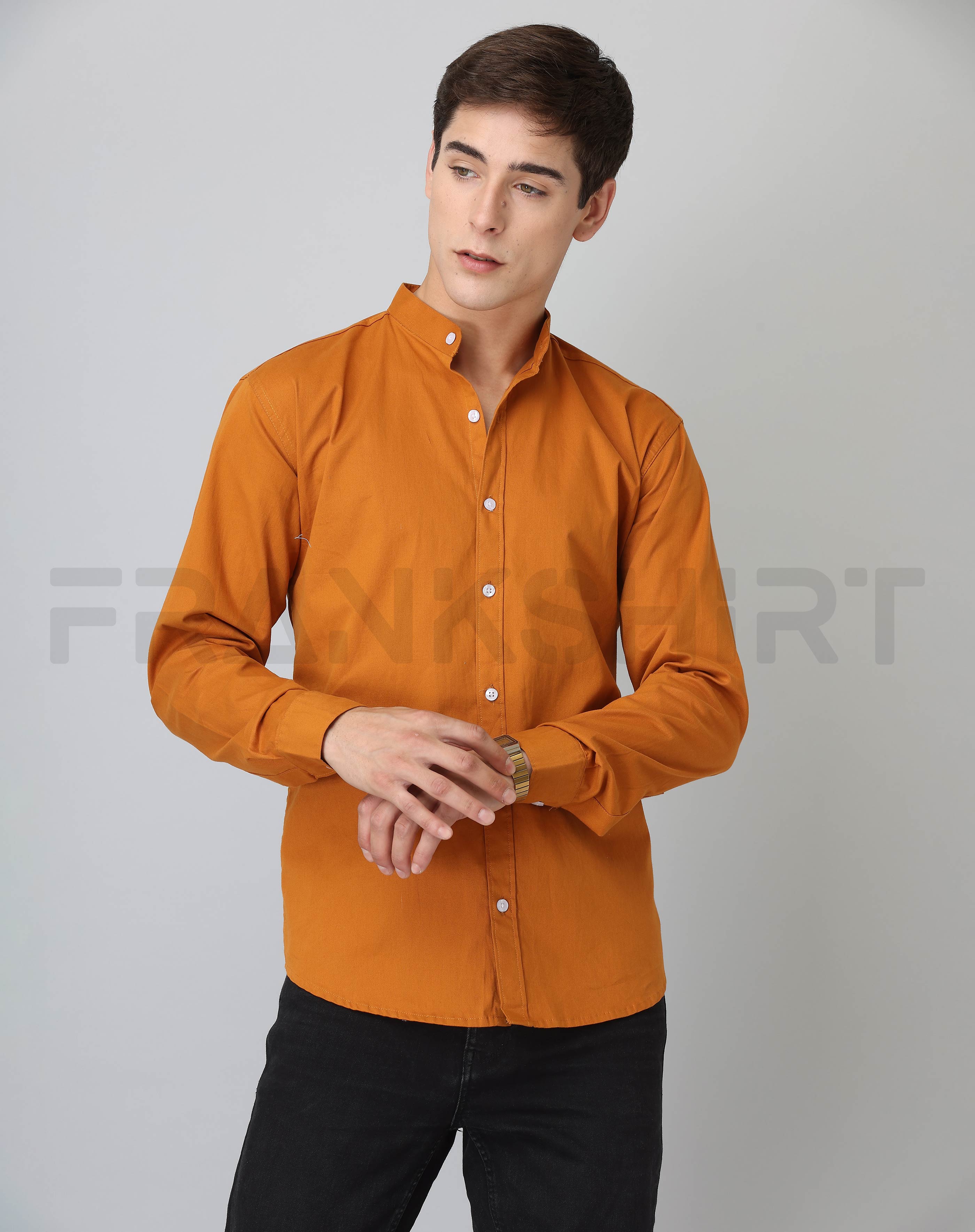 BlackTree Frankshirt Chinese Collar Mustard Tailored Fit Cotton Casual Shirt for Man - view 6