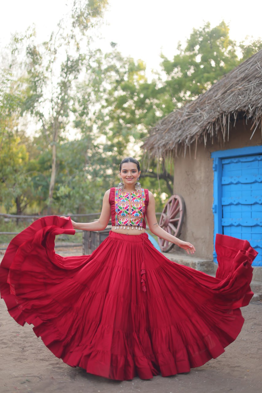 ClothsVilla Maroon Rayon Lehenga Set with Embroidered Gamthi Work - view 2