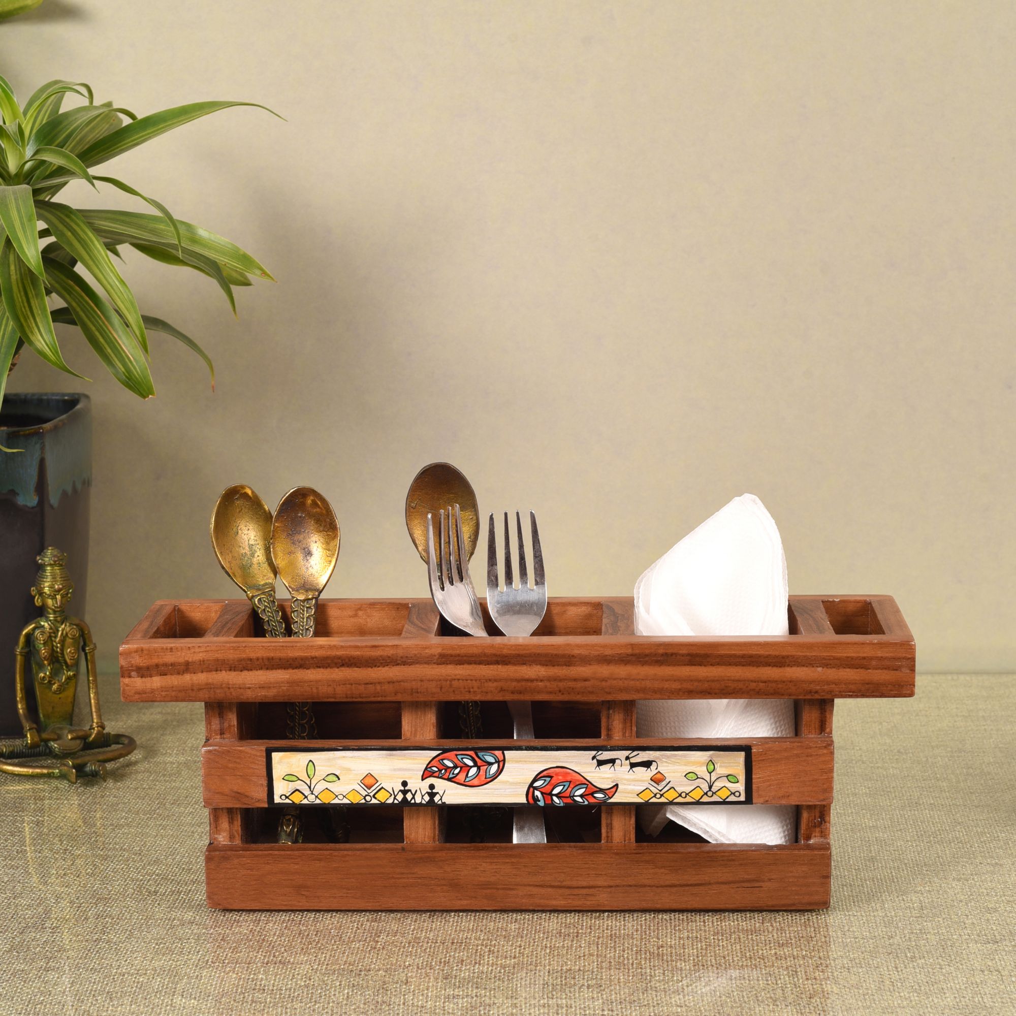 ART CREATIONS BY SUMAN SONTHALIA Brown - Handcrafted Flora Cutlery Storage Box (12.5x3.5x4.5)