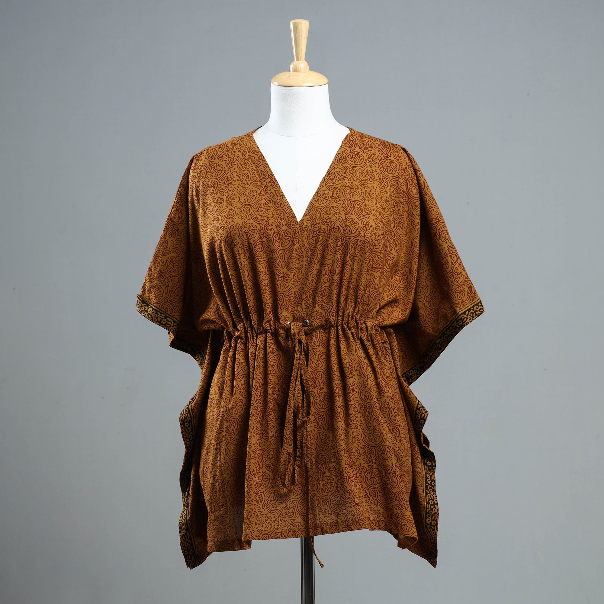 ITOKRI CASUALS Brown - Bagh Block Printed Cotton Kaftan with Tie-Up Waist (Short)