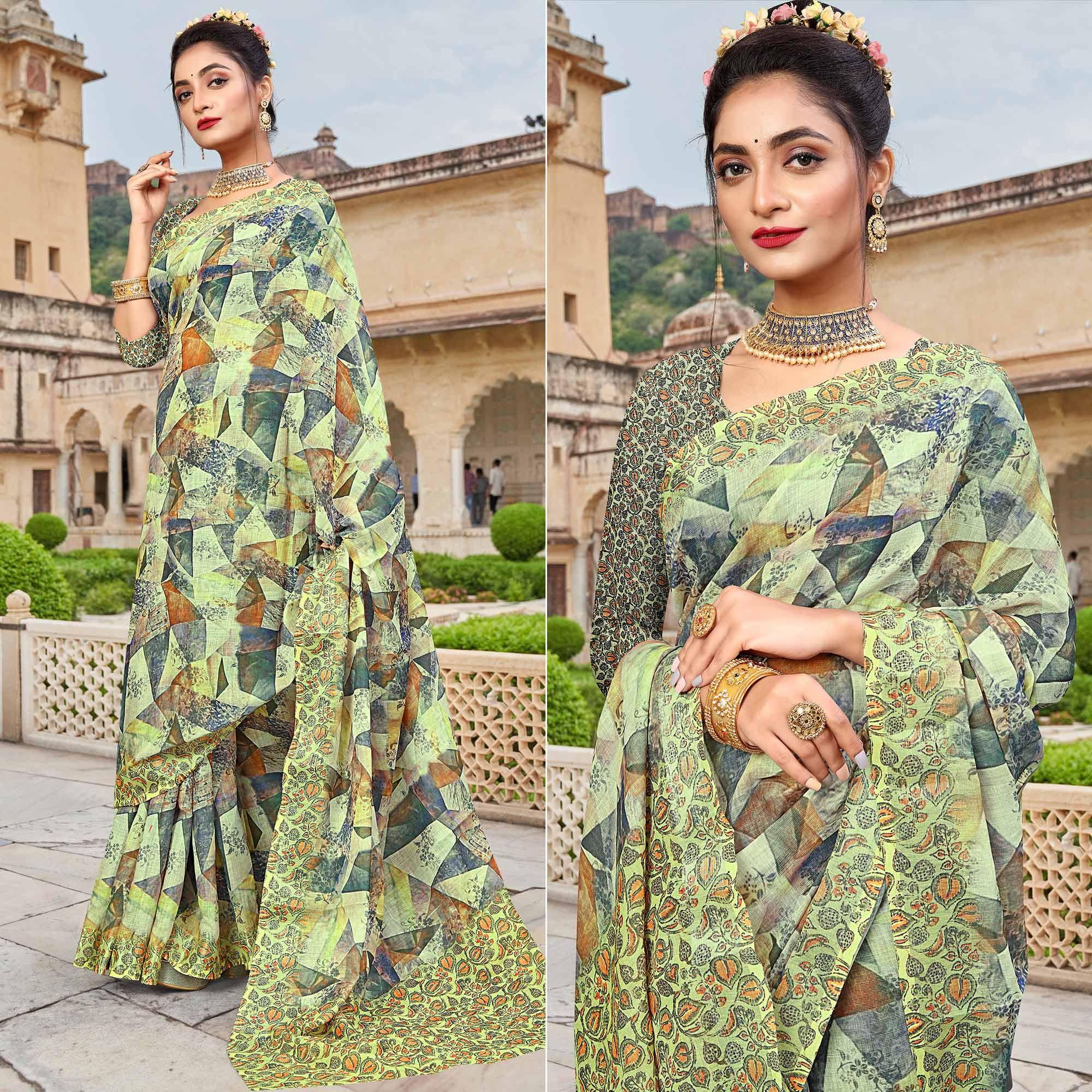Peachmode Lemon Green Digital Printed Linen Saree
