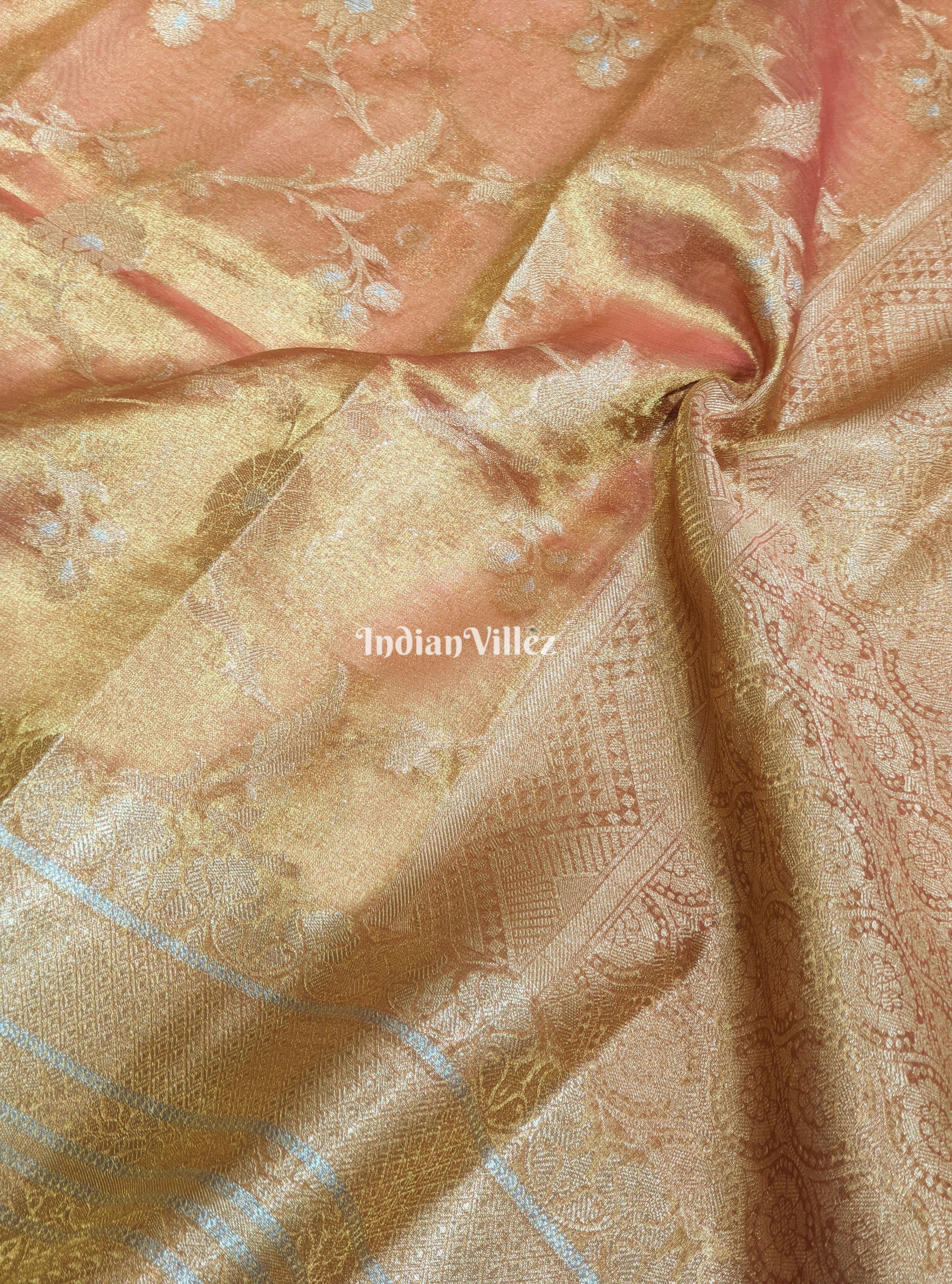 IndianVillèz Orange Golden Dual Tone Zari Woven Banarasi Tissue Saree - view 3