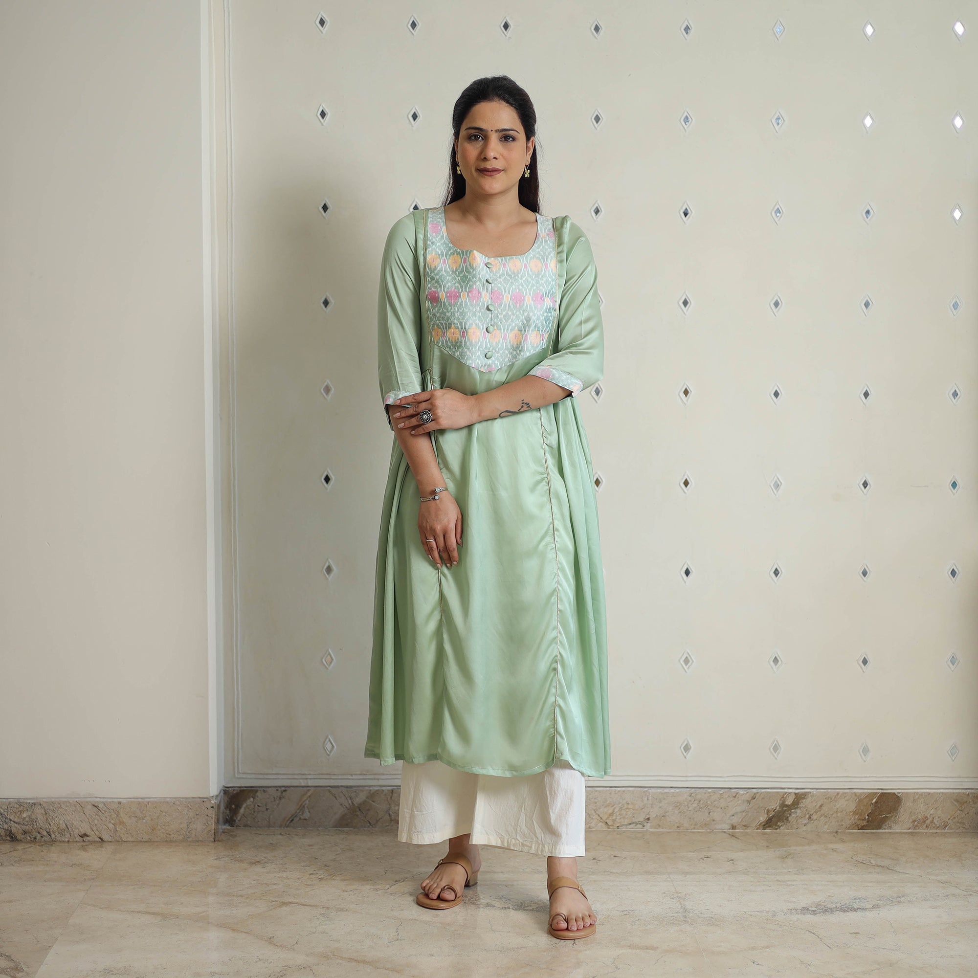 ITOKRI CASUALS Aashvi Light Green Modal Silk Plain A-line Kurta - view 2