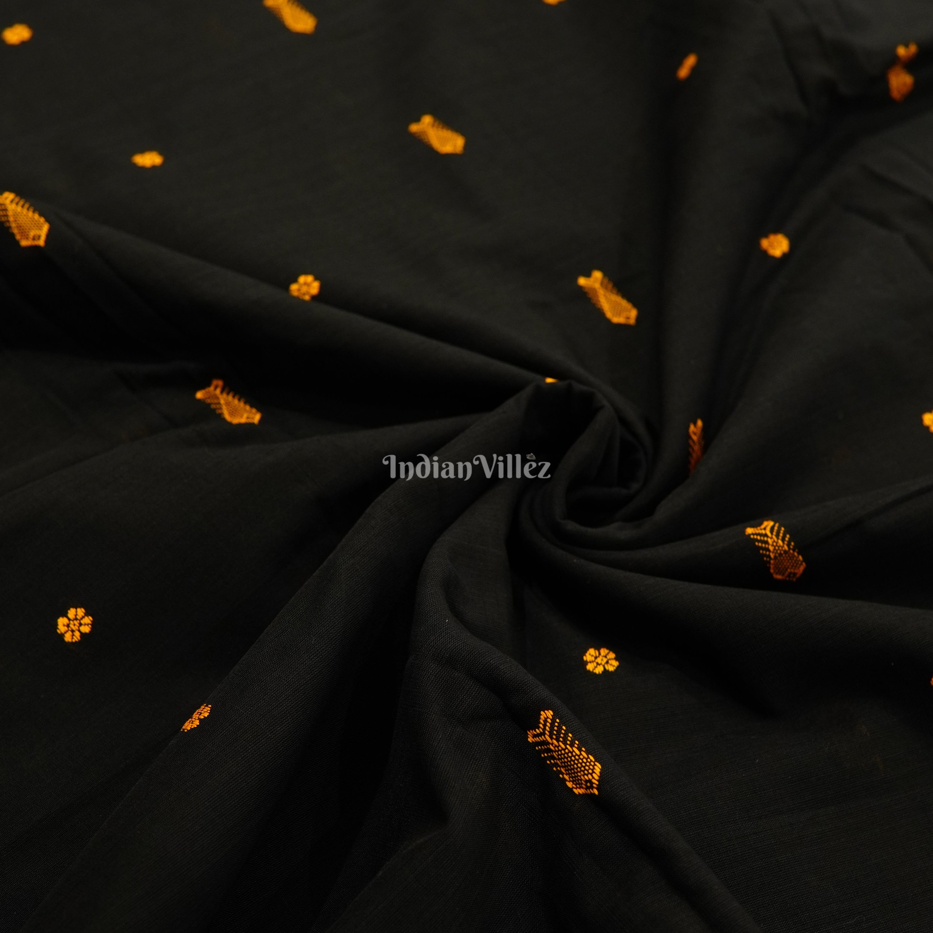 IndianVillèz Black Fish & Flower Motif Bomkai Cotton Fabric