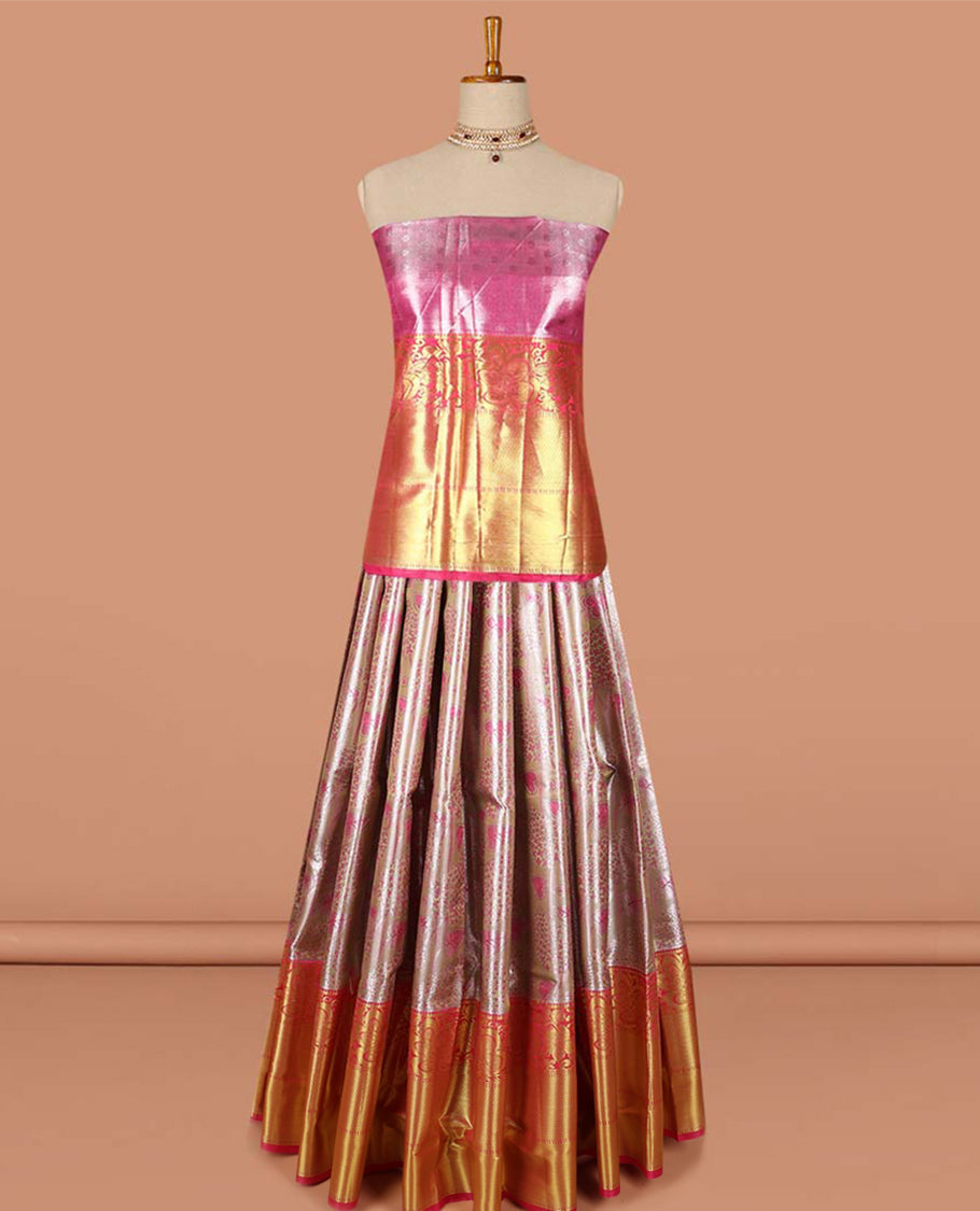 Pothys Sandal floral vine design art-silk half saree, contrast traditional zari border,zari design blouse & striped geometric dhavani - view 2