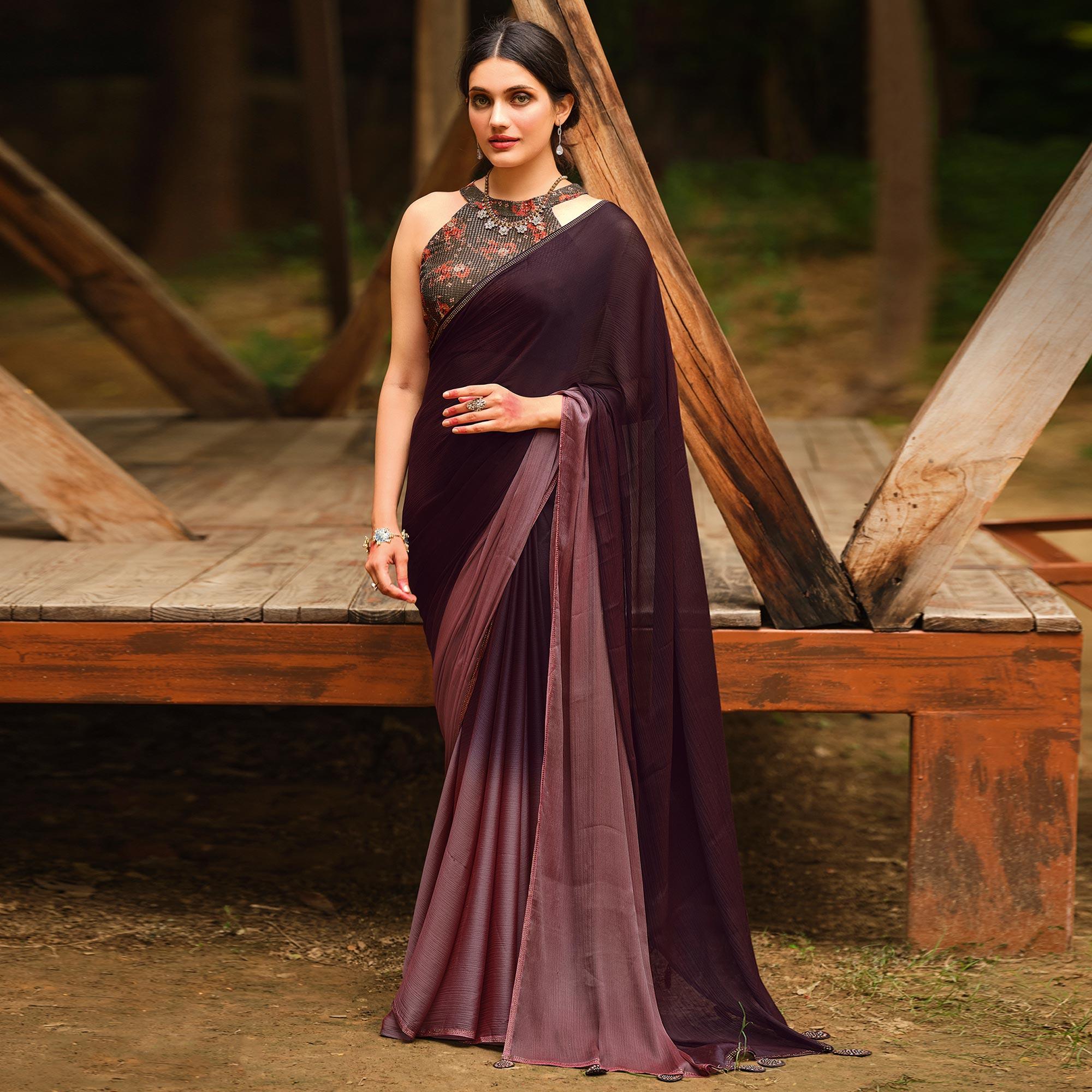 Peachmode Dark Brown Solid Chiffon Saree – Women's