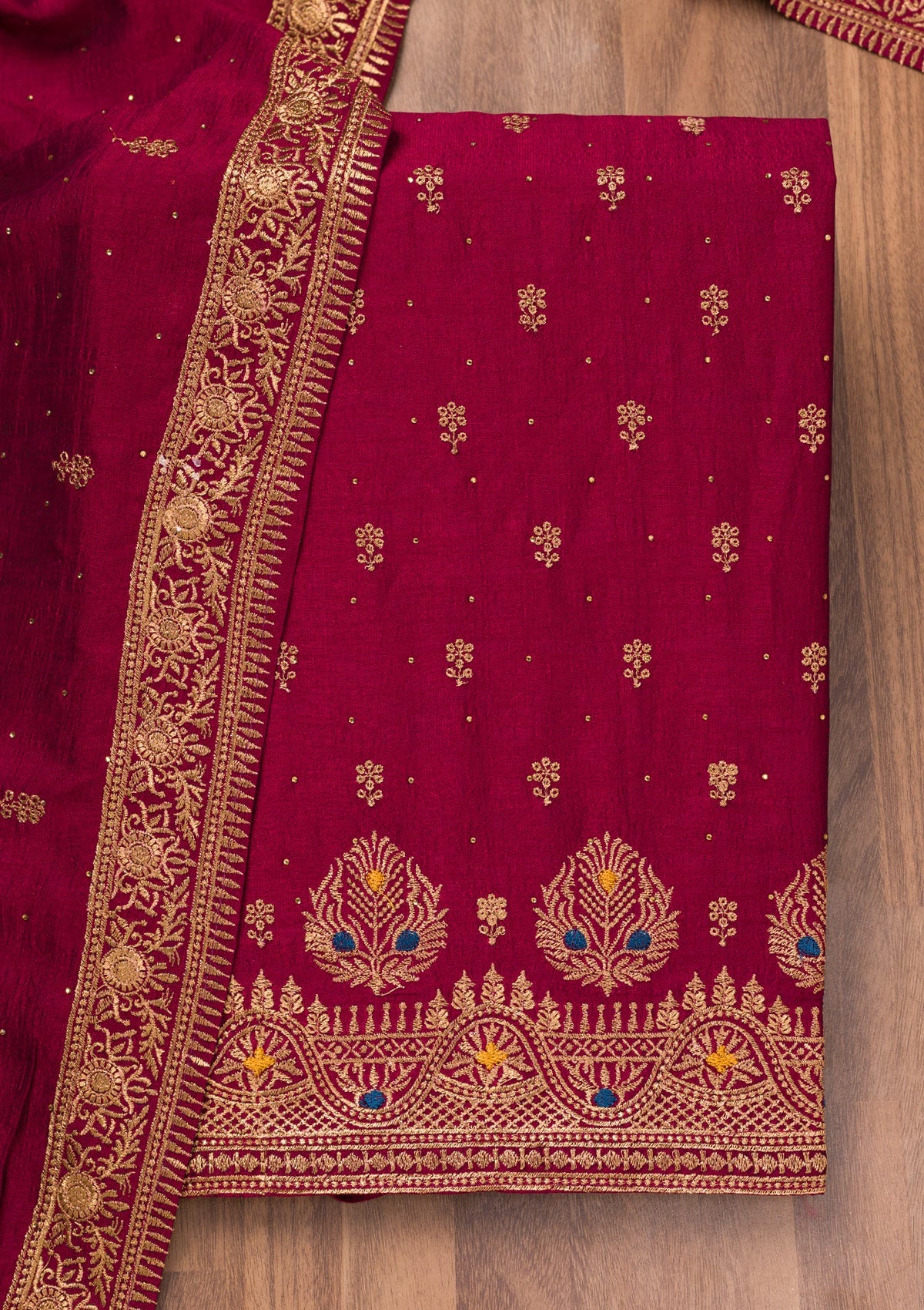 Koskii Maroon Zariwork Raw Silk Unstitched Salwar Suit - view 5