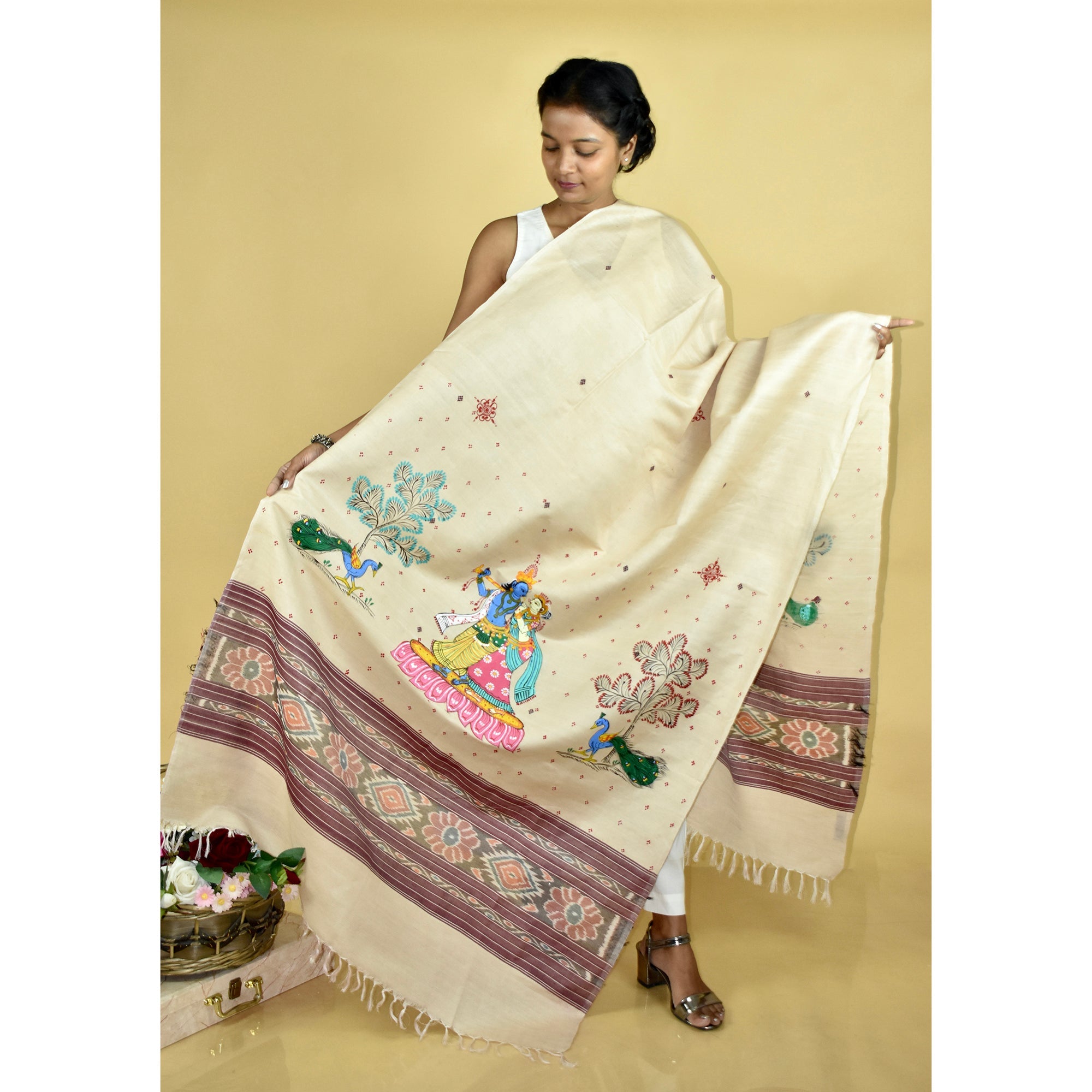 Krishna priya dupatta – DIORAMA DESIGNS Beige - Pattachitra Ikkat Handpainted "Krishna Priya" Dupatta