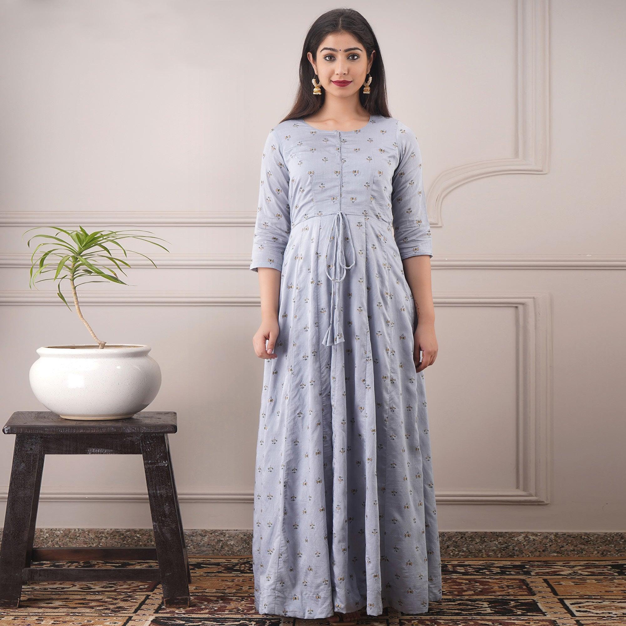 Peachmode Seller Fantastic Light Grey Colored Casual Foil Printed Pure Chanderi Gown