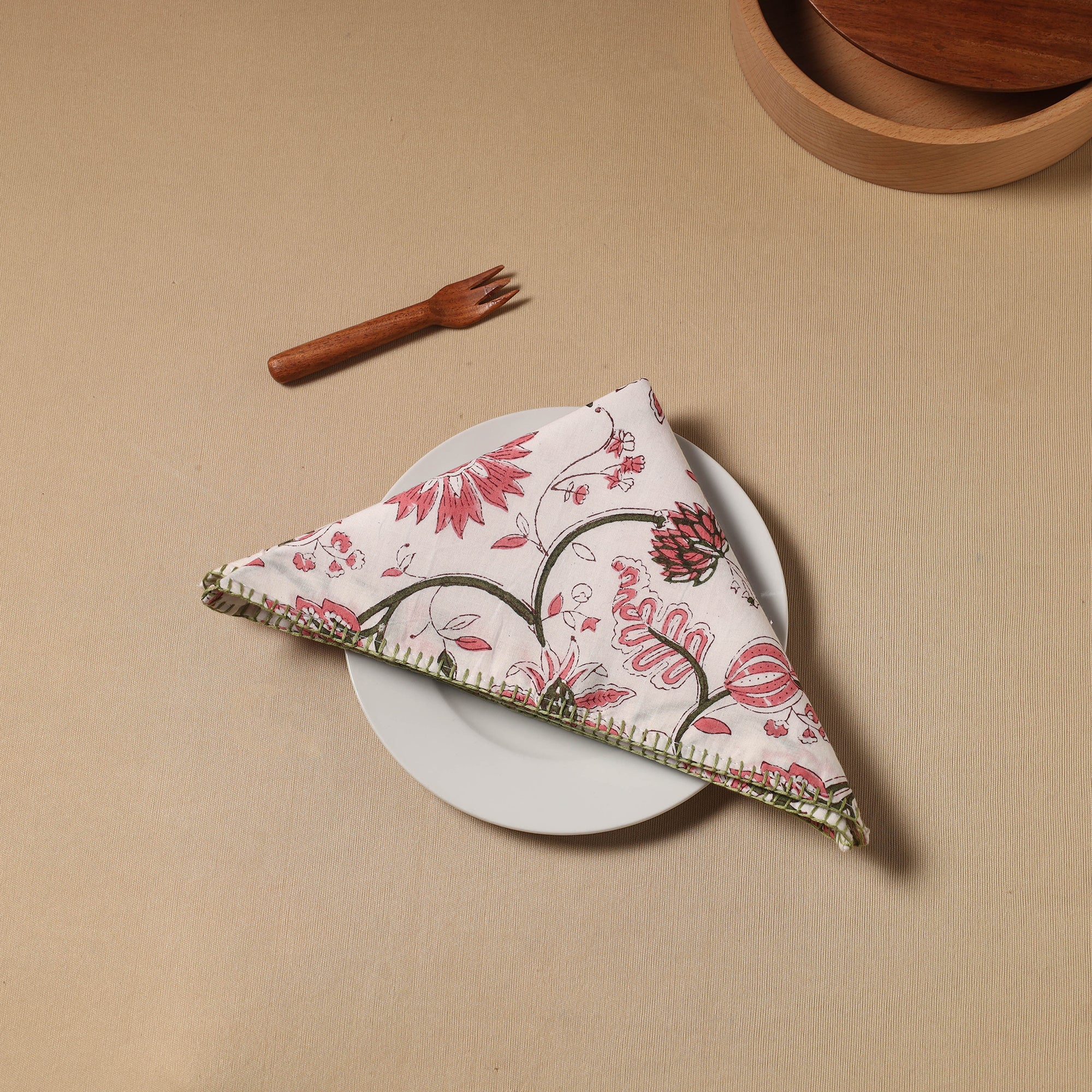 NOORI BAZAR Floral Block Print Cotton Hand Embroidery Table Napkin 02