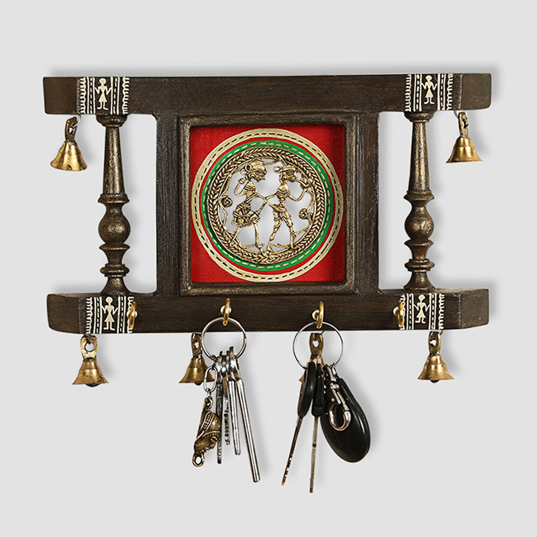 EXCLUSIVELANE 'Brass People On Teak Wood' Warli Handpainted Key Holder with Dhokra Art (4 Hooks) - view 2
