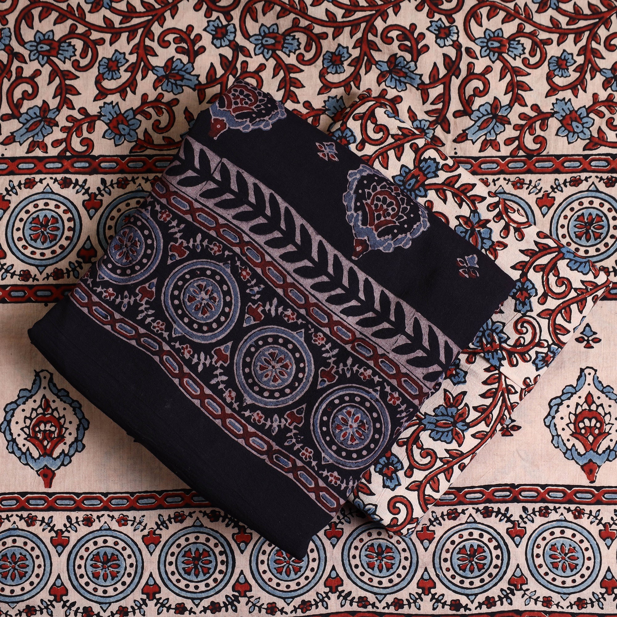 AJRAKH BY JABBAR KHATRI Black - Hand Block Print Cotton 3pc Ajrakh Dress Material 14 - view 2