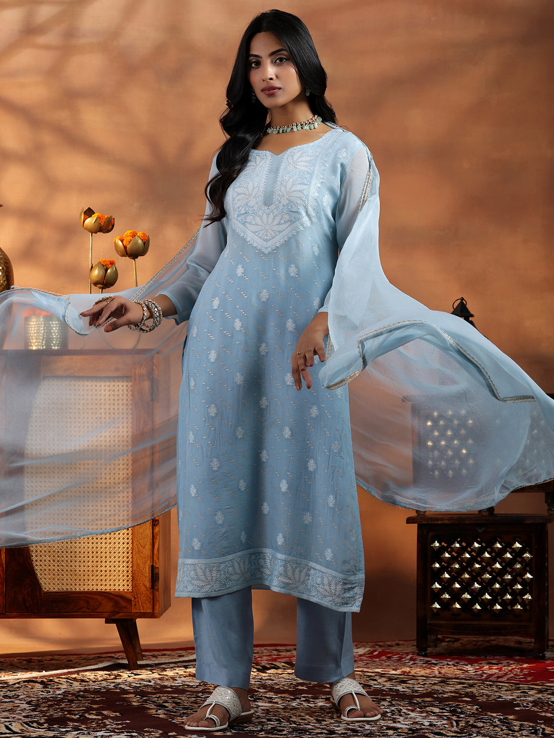 Libas Blue Embroidered Organza Straight Suit With Dupatta