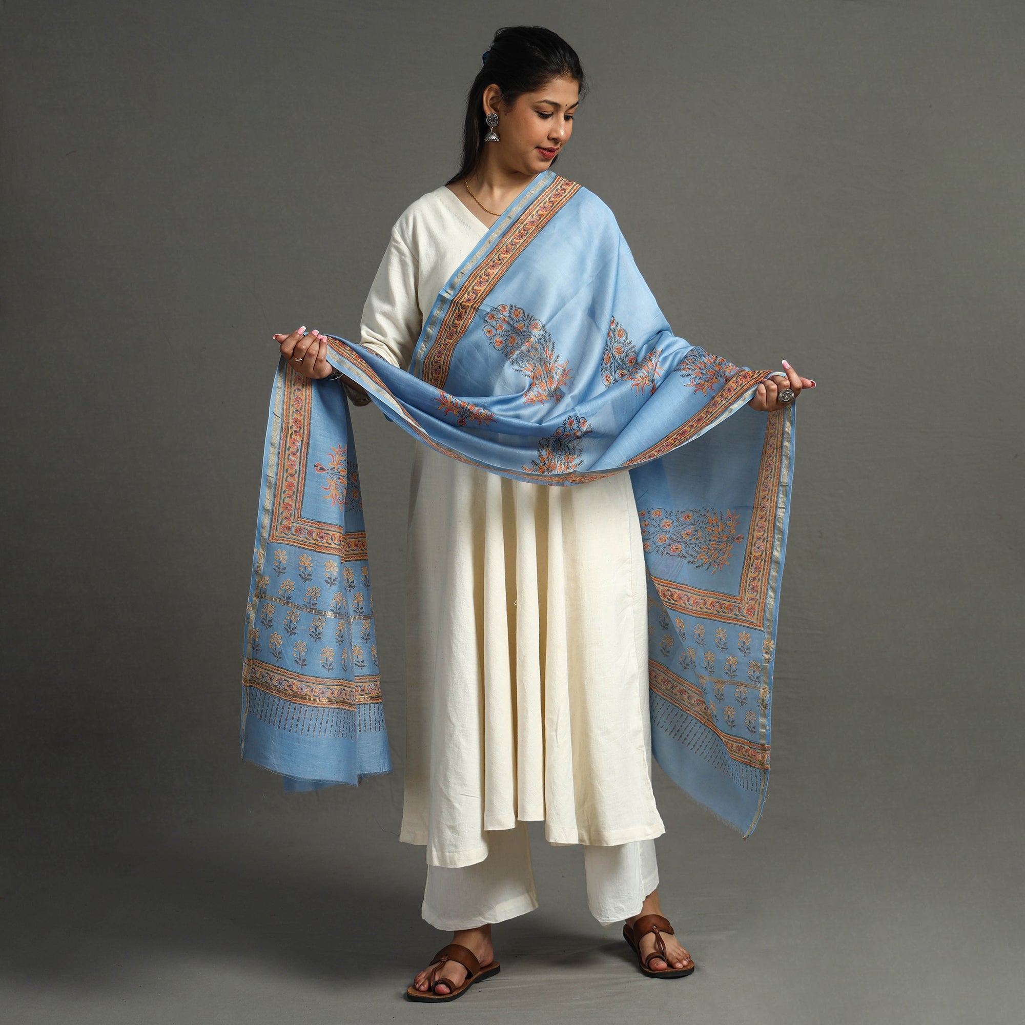 BAGRU DABU PRINTS Blue - Block Printed Chanderi Silk Sanganeri Dupatta 64