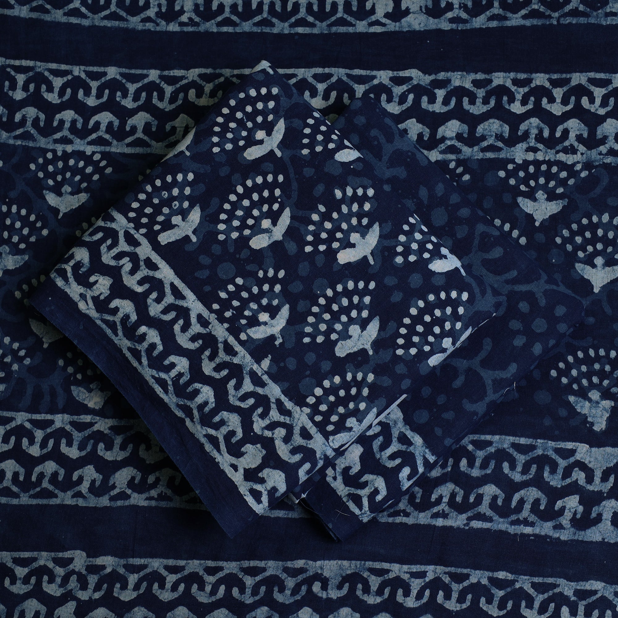 ARTISAN HAND BLOCK PRINTS Blue - 3pc Cotton Indigo Bagru Print Dress Material Set 16 - view 2