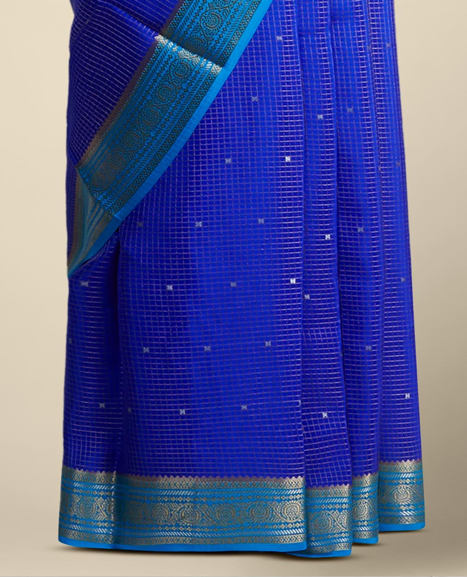 Pothys Blue checked with floral motifs mysore silk saree & traditional zari border - view 3