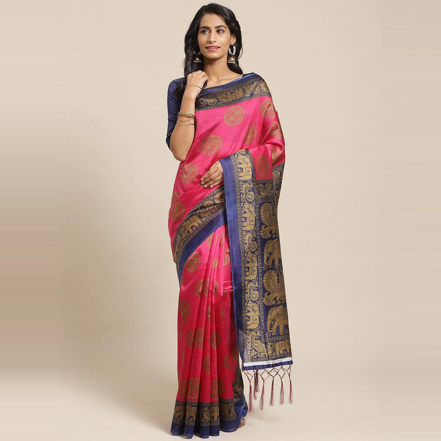 Peachmode Lovely Pink Colored Casual Wear Printed Art Silk Saree