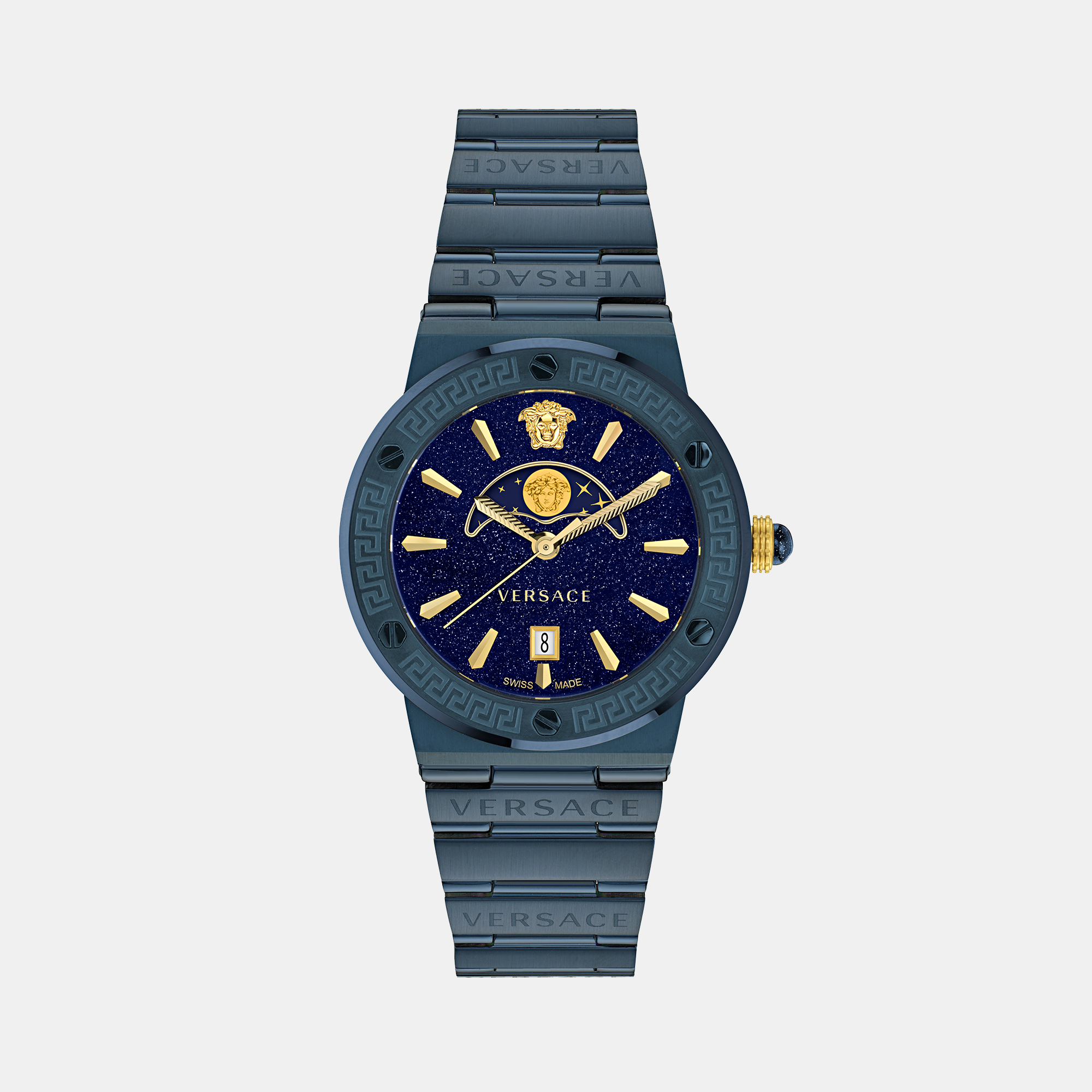 Versace Greca Logo Moonph Unisex Quartz Blue Dial Analog Stainless Steel Watch VE7G00423