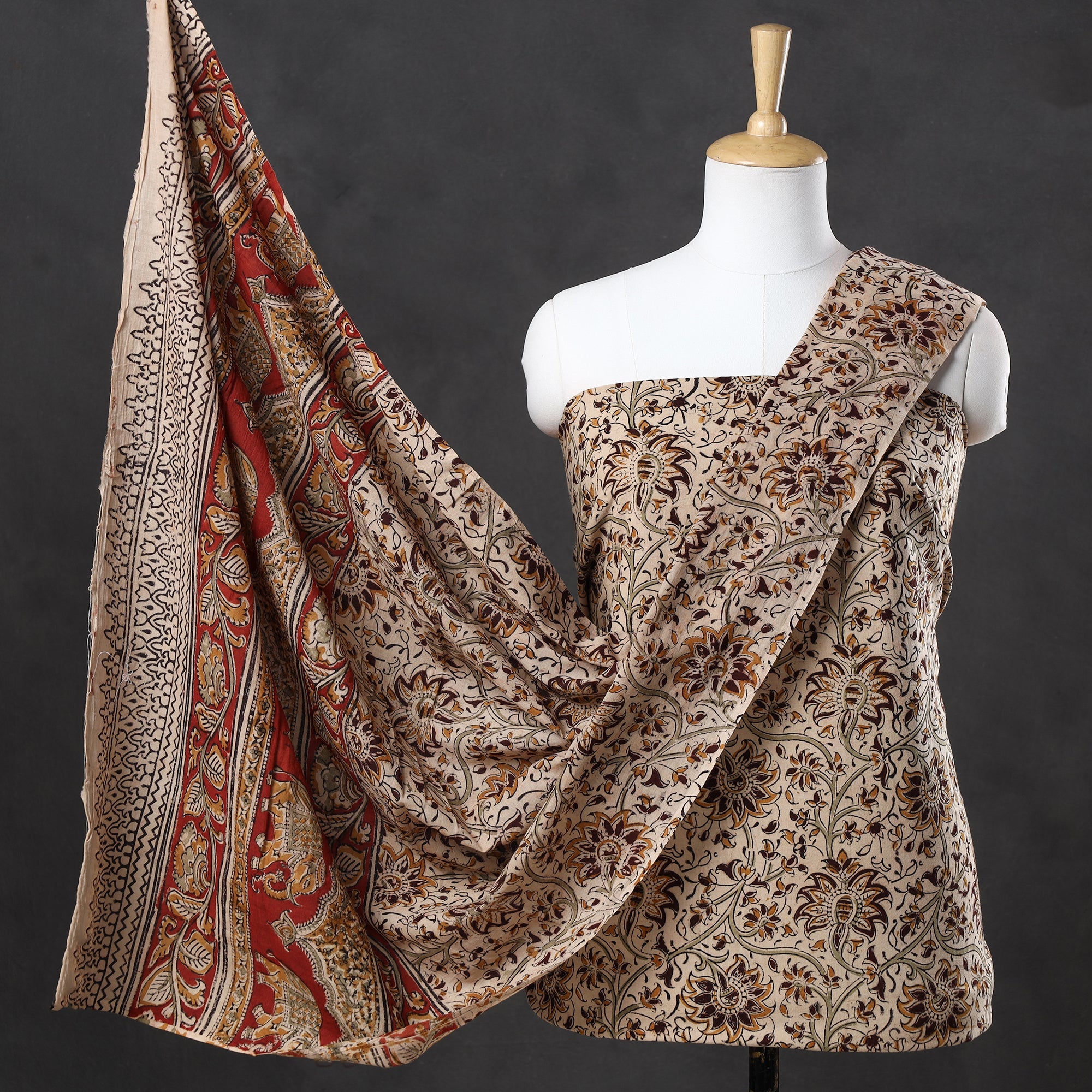 VENKATA BHANU KALAMKARI PEDANA Beige - 2pc Pedana Kalamkari Block Printed Cotton Suit Material Set 08