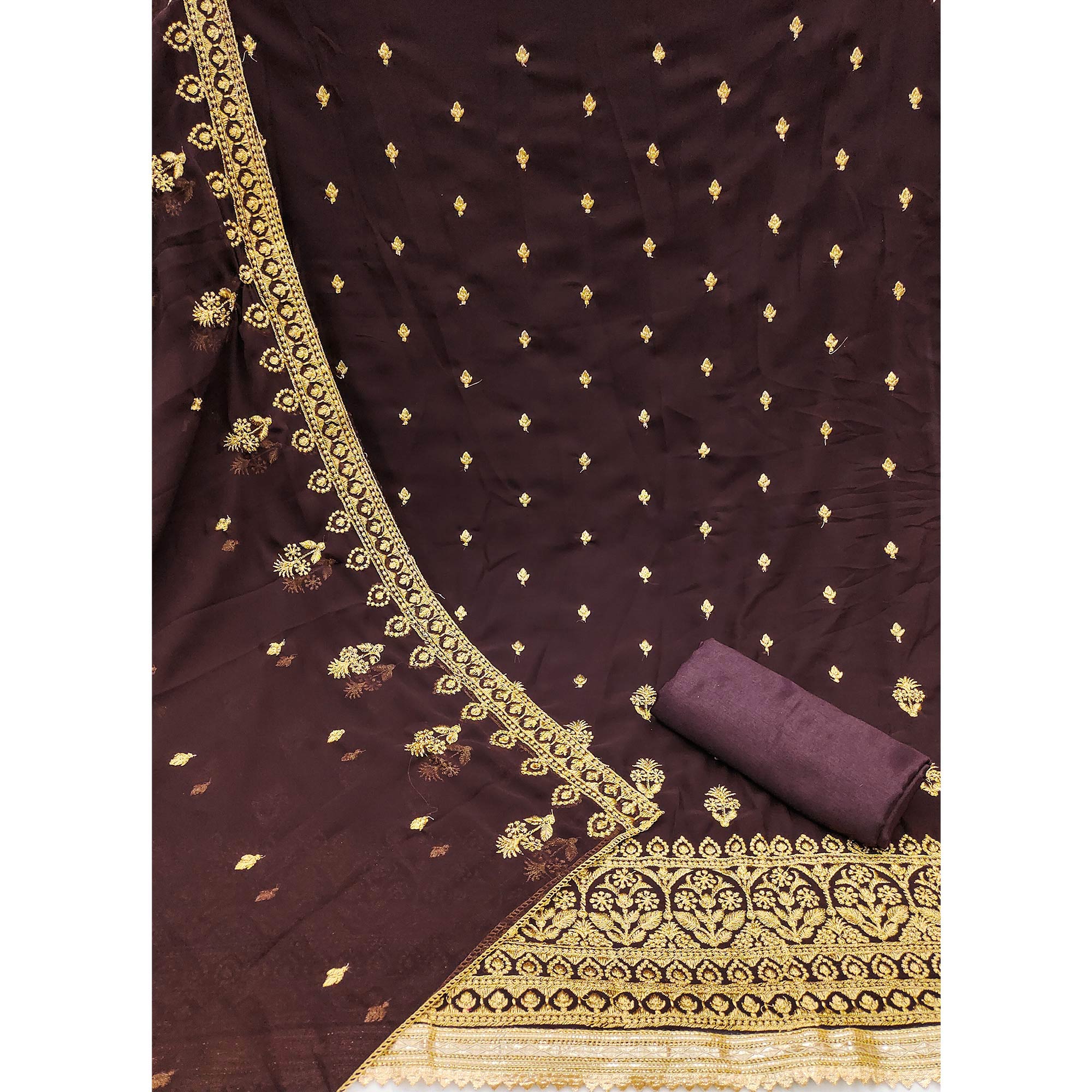 Peachmode Brown Floral Embroidered Georgette Dress Material - view 3