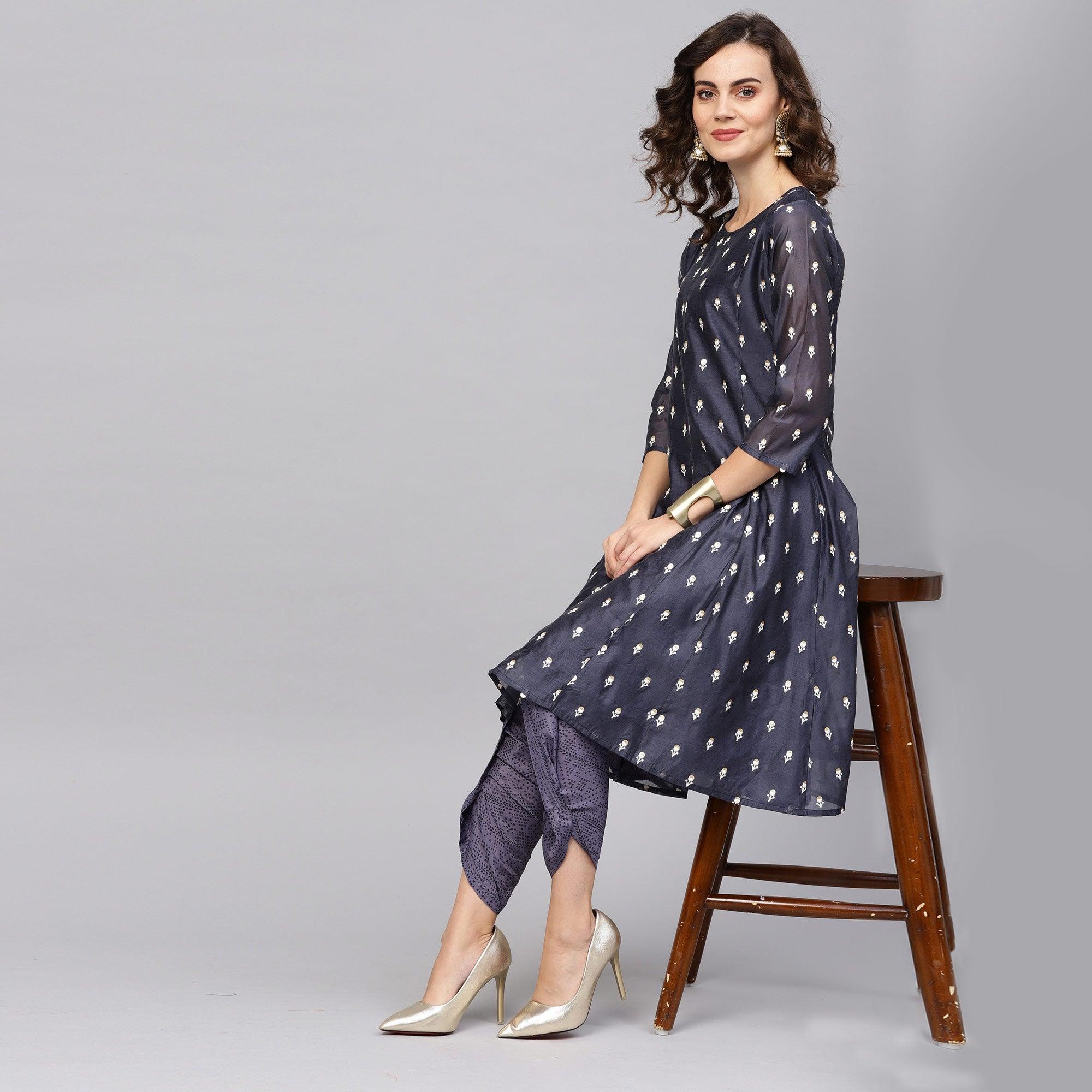 Peachmode Eye-catching Navy Blue Colored Party Wear Embroidered Art Silk Kurti-Dhoti Set