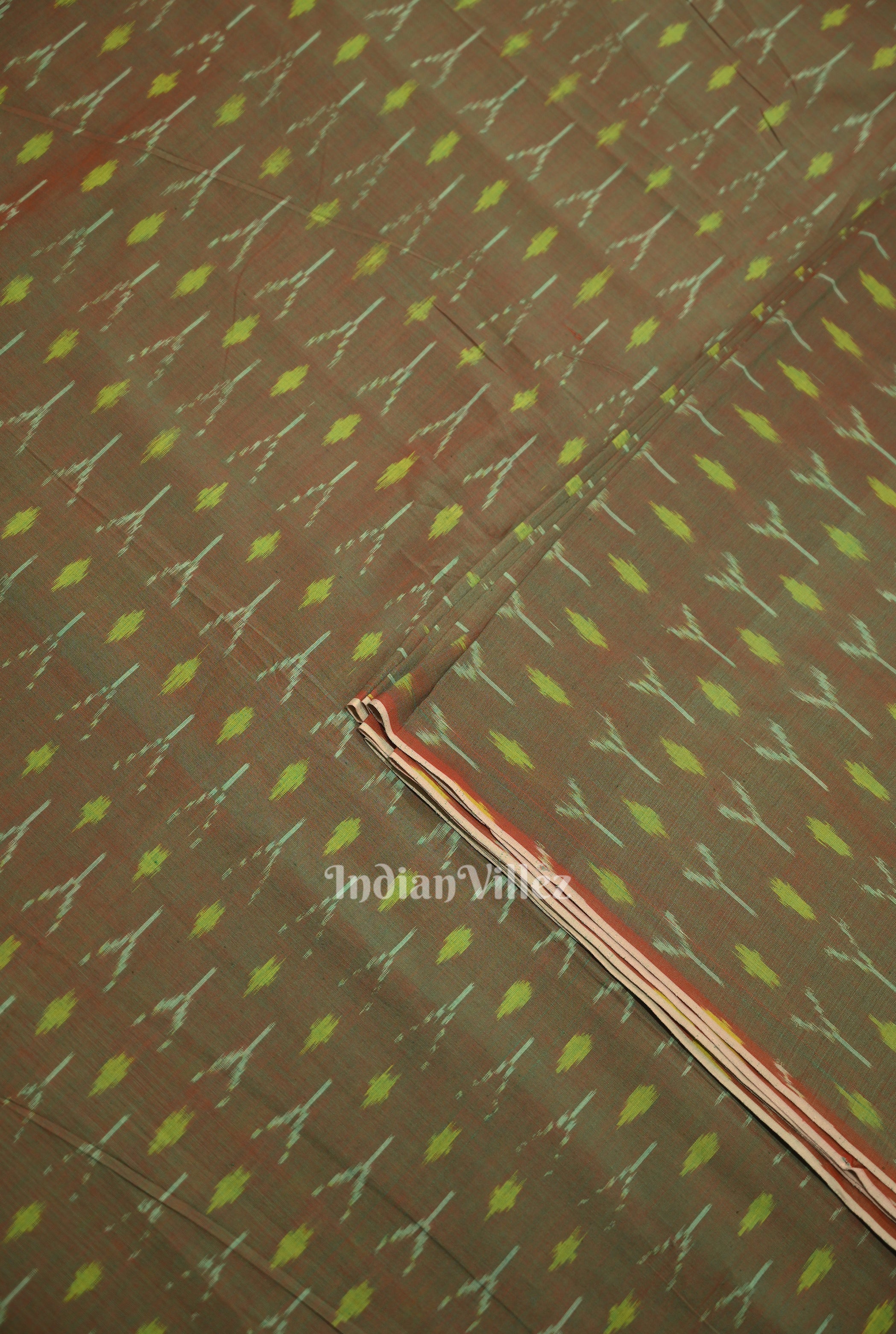 IndianVillèz Moss Green Dual Tone Geometric Handwoven Pochampally Ikat Cotton Fabric - view 2